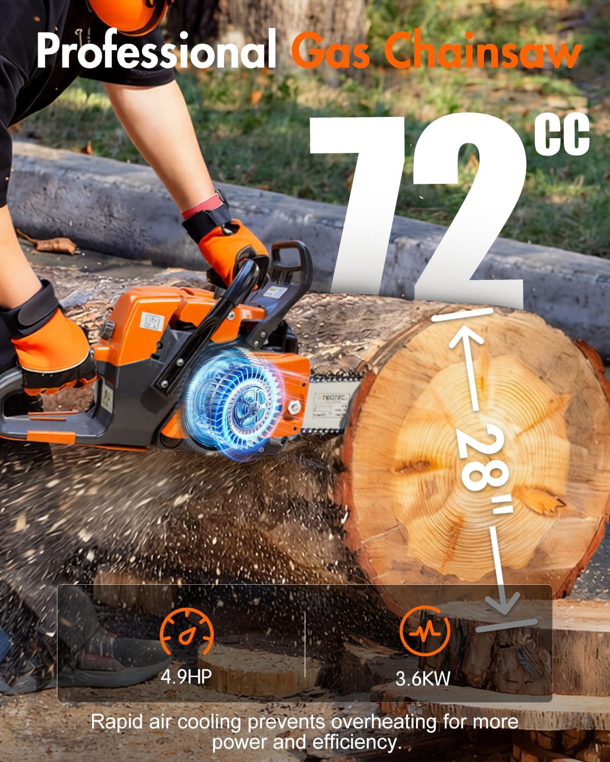 Neotec 72cc Gas Chainsaw, Heavy-Duty 2-Cycle Engine for Logging and Firewood (20 in Bar) u24ok