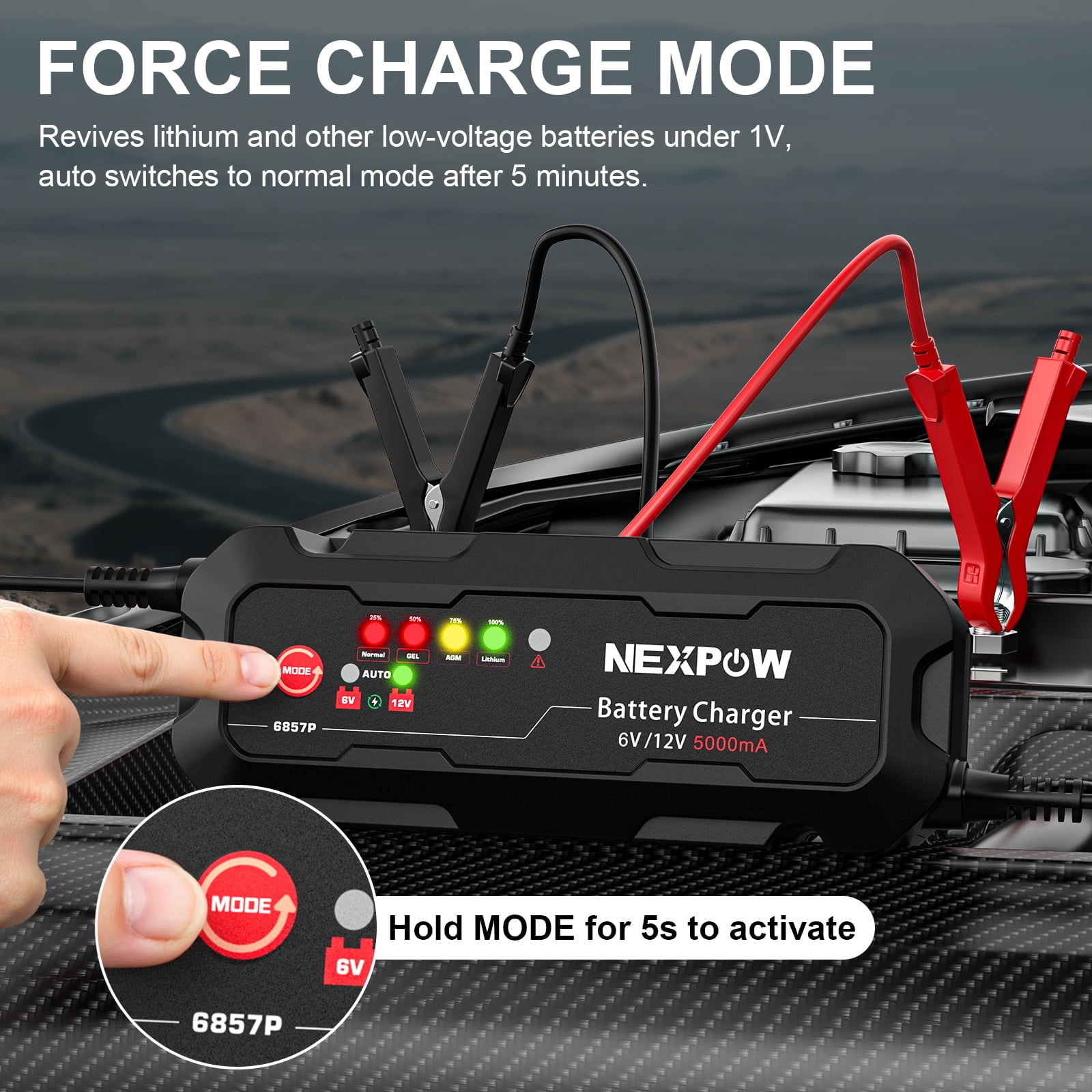 NEXPOW Smart Battery Charger and Maintainer, 5A 6V/12V Trickle Charger with Force Charge Mode (Black, 1 Pack) ypufv
