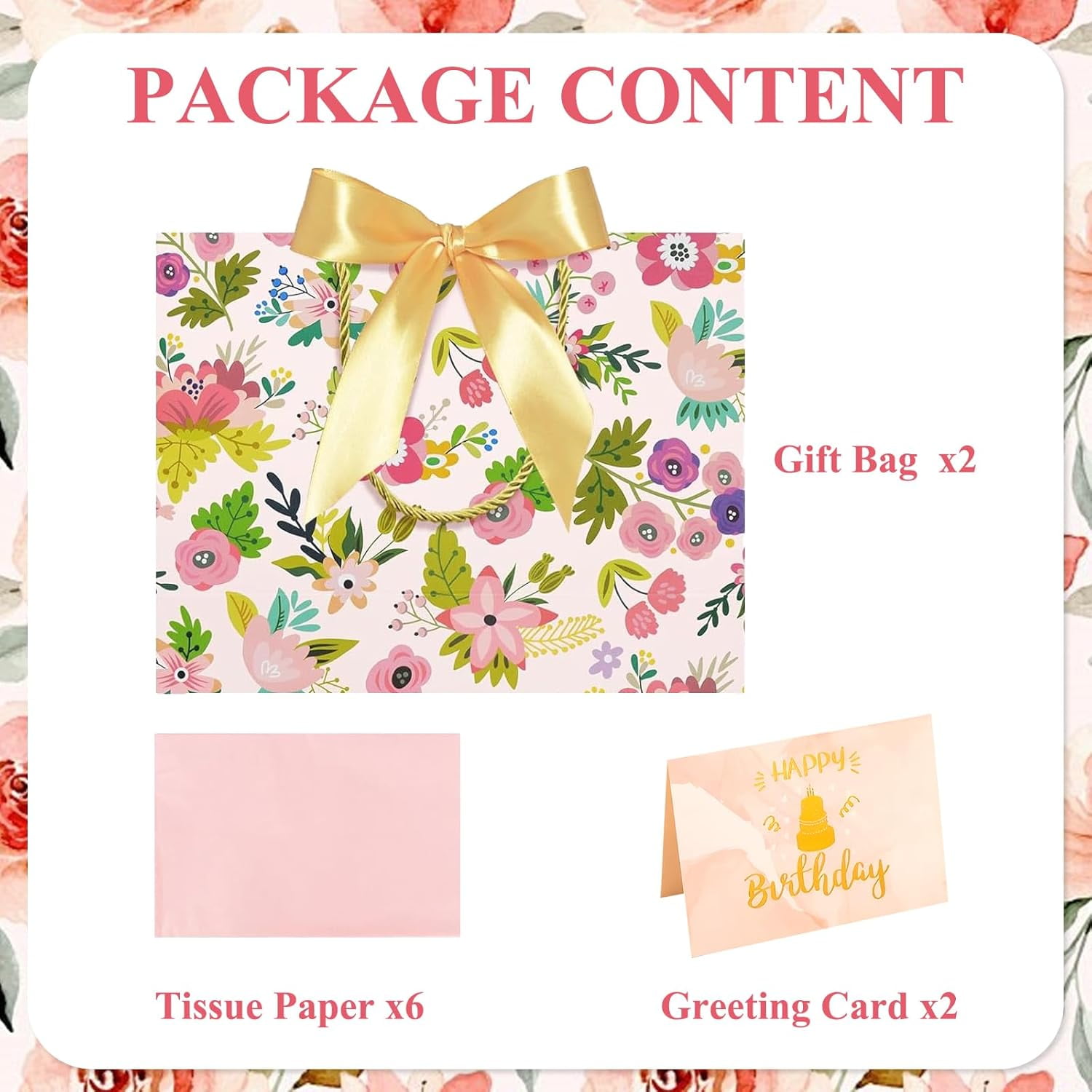 LW Pink Birthday Gift Bag Set with Tissue Paper and Greeting Cards (Floral Design, Medium, 2 Pack) 45zc4