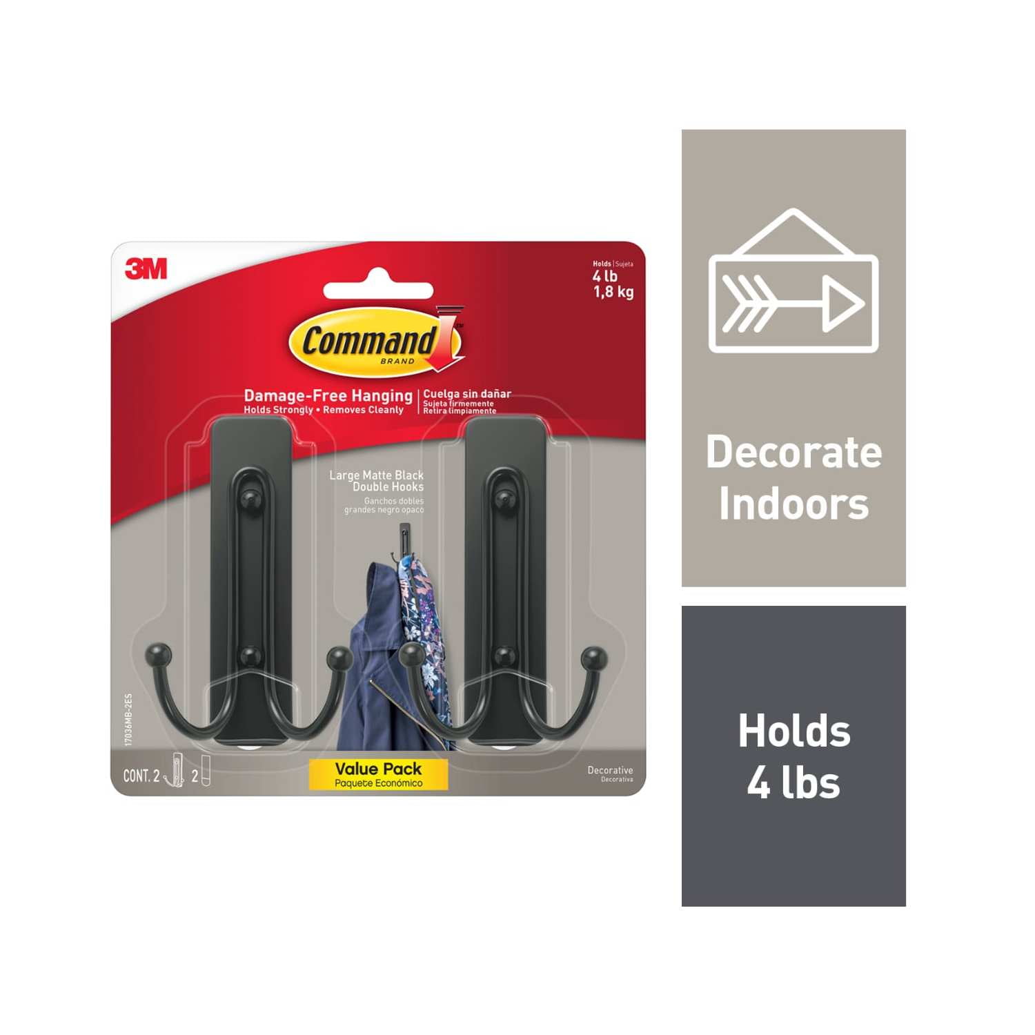 Command Large Double Wall Hooks, Damage-Free Adhesive Hanging for Home and Office (Black, 2 Hooks) f1du7