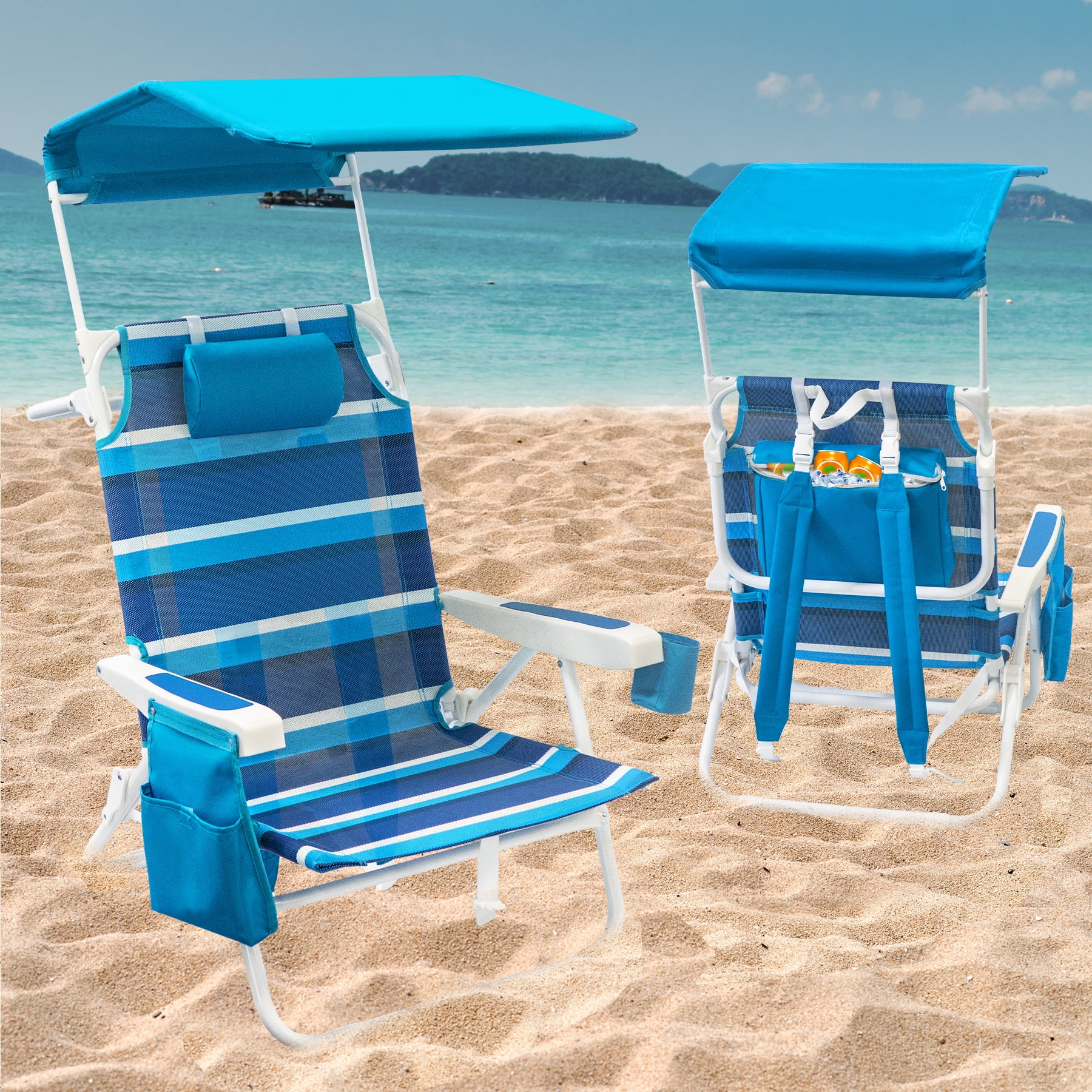 WILDYEE Double Camping Chair Heavy Duty Folding Loveseat with Sun Canopy and Cup Holders (Blue Stripe, 2 Pack) alb5d