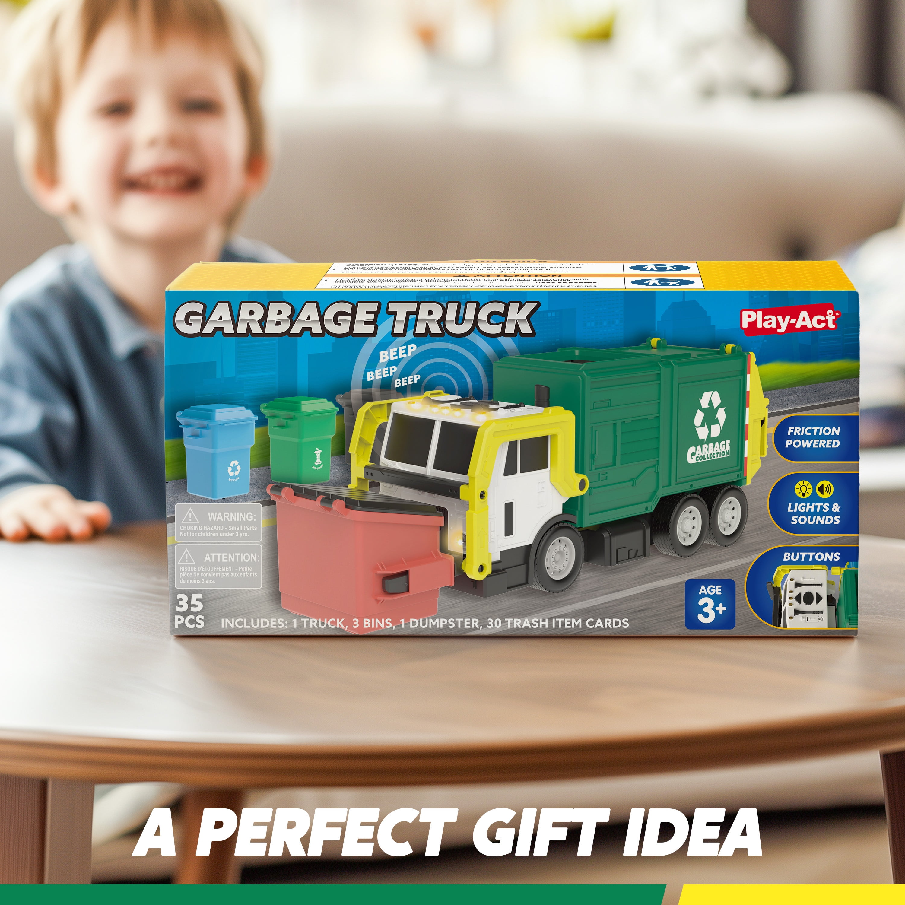 Joyfy Large Garbage Truck Toy with Lights and Sounds, Friction-Powered Recycling Vehicle with Sorting Bins (Green, 16 in) bho32