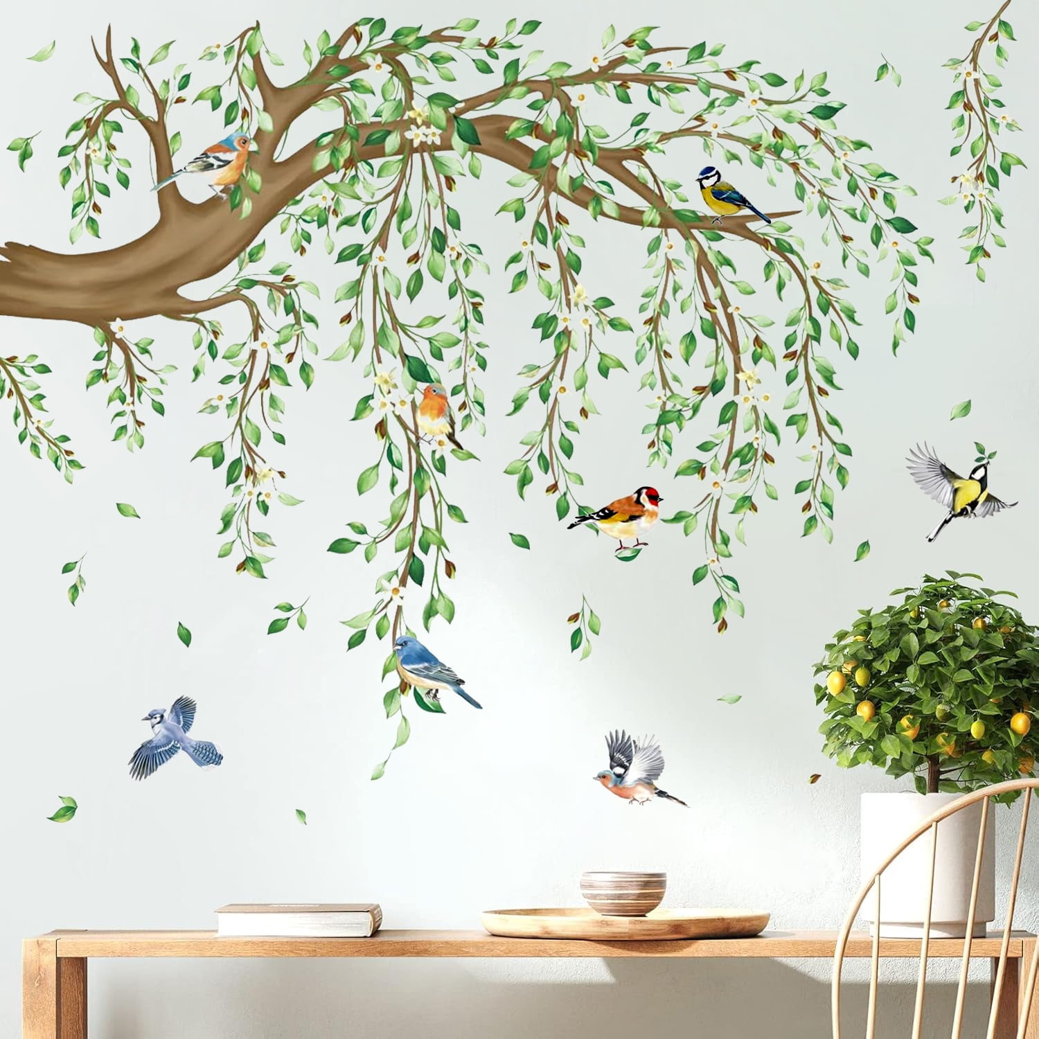 Style-Carry Hanging Vine Wall Decals, Tree Branch Green Leaf Flower Bird Stickers for Living Room Bedroom Decor (Green, 4 Sheets, 11.8 in x 35.4 in) 18n8g