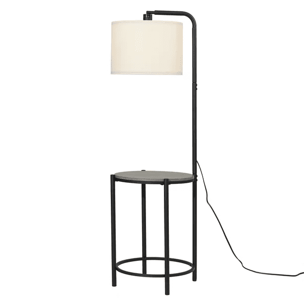 Mainstays Floor Lamp with Faux Wood Tabletop and LED Bulb (Matte Black, 54 in) naob8