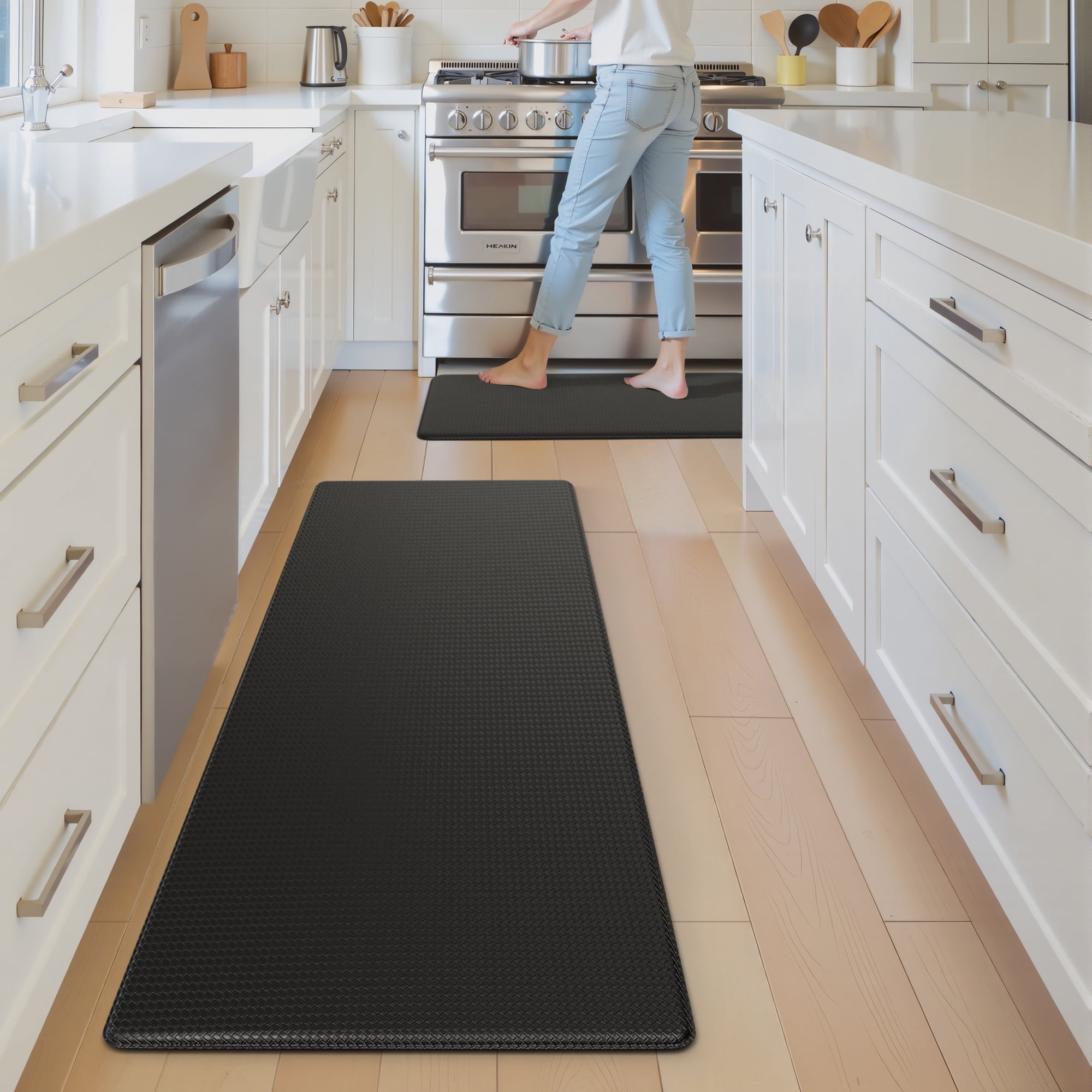 Galmaxs7 Anti-Fatigue Kitchen Floor Mat Set, Non-Slip Waterproof Standing Rugs for Home Office (Black, 17 in x 29 in and 17 in x 47 in) ypp9j