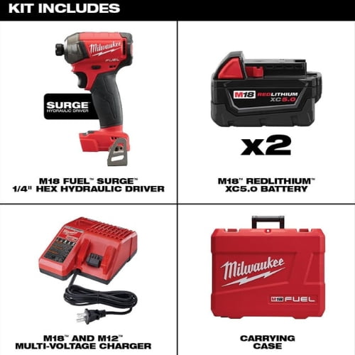Milwaukee M18 FUEL SURGE 1/4 in. Hex Hydraulic Driver Kit with (2) 5.0Ah Batteries, Charger, and Carrying Case t6kan