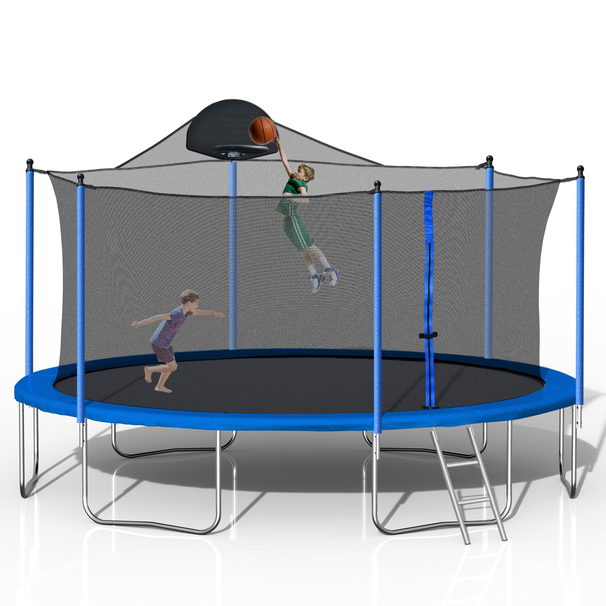 Leumius 14FT Outdoor Trampoline with Basketball Hoop and Safety Enclosure Net (Blue, 14 ft) a8thg