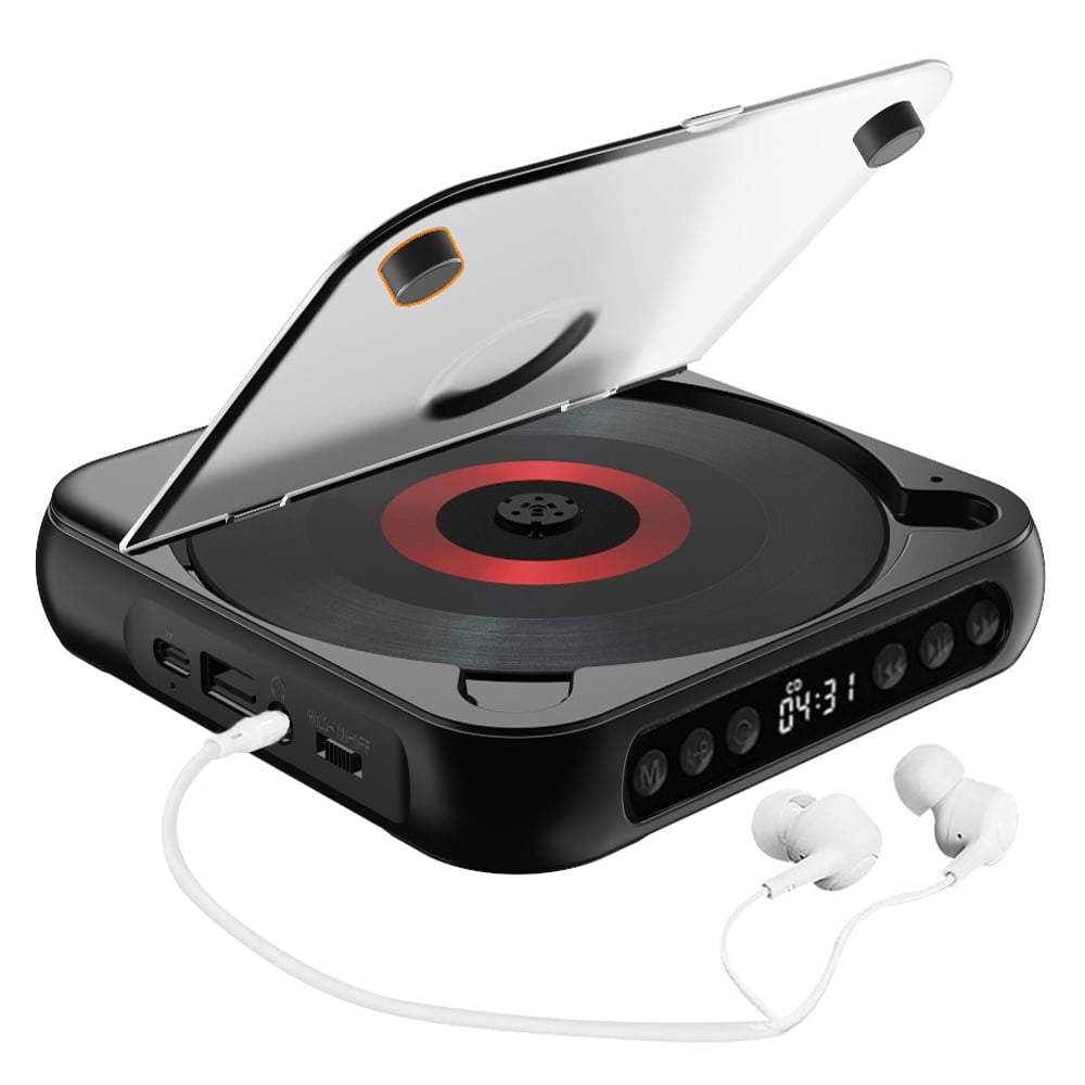 MEGICOT Portable Bluetooth CD Player with Rechargeable Battery and LED Display (Black, 5.23 in x 5.23 in x 0.98 in) v5azt