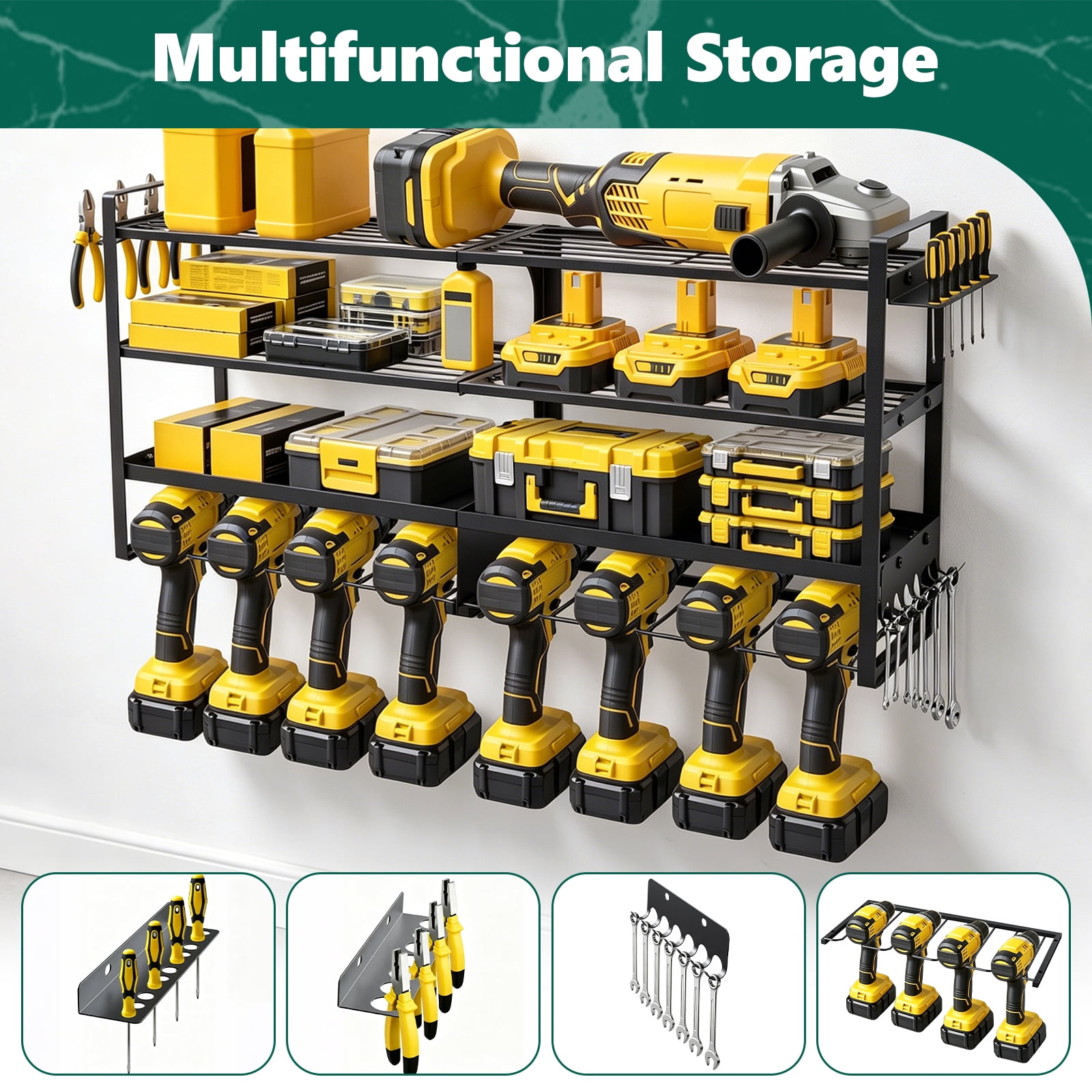 HaiNova Power Tool Organizer Wall Mount, 4-Tier Heavy Duty Storage Rack with 8 Drill Holders (Black, 400 lb Capacity) 3ntlo