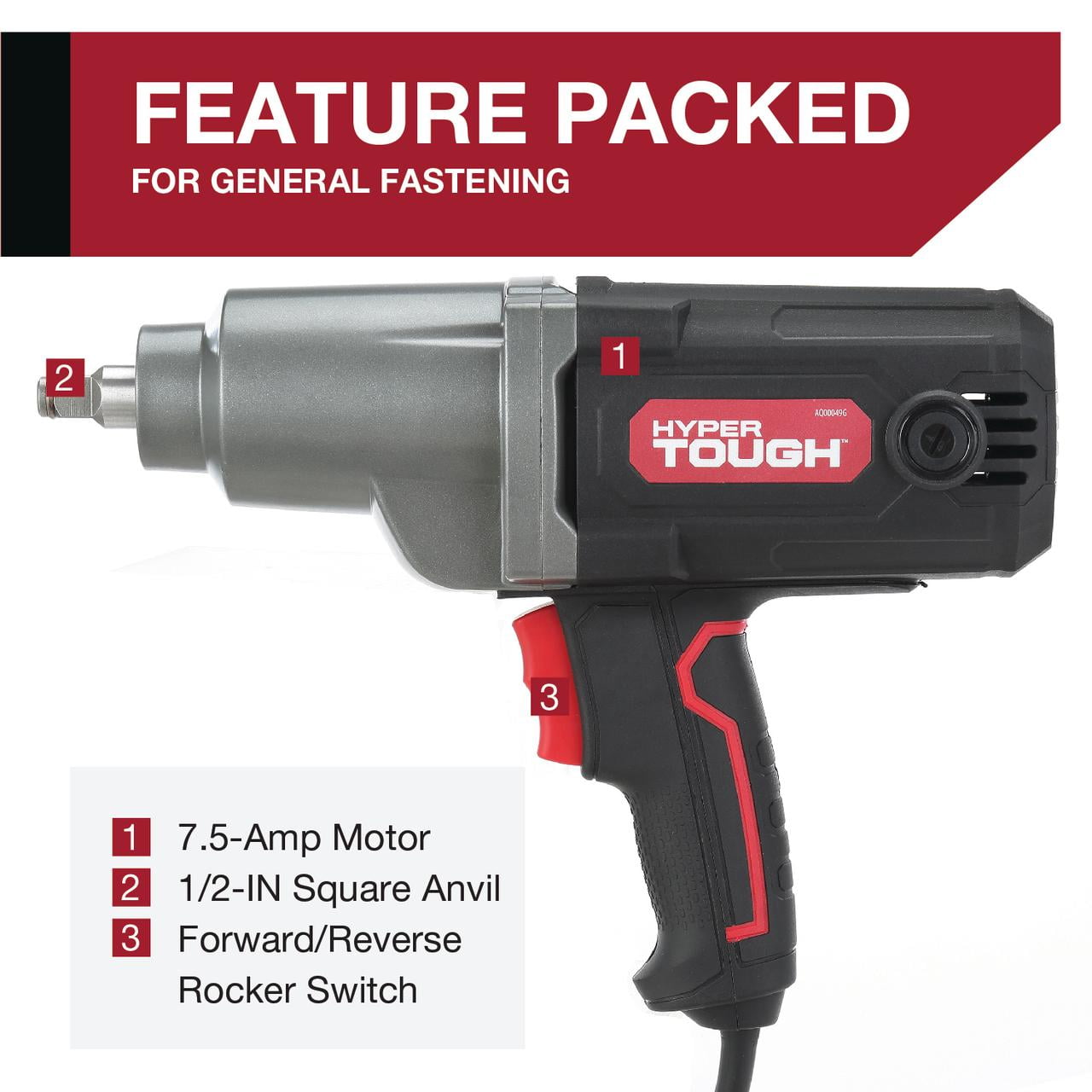 Hyper Tough 7.5A Electric Impact Wrench, Heavy-Duty Power Tool (Black, 0.5 in) iqeau