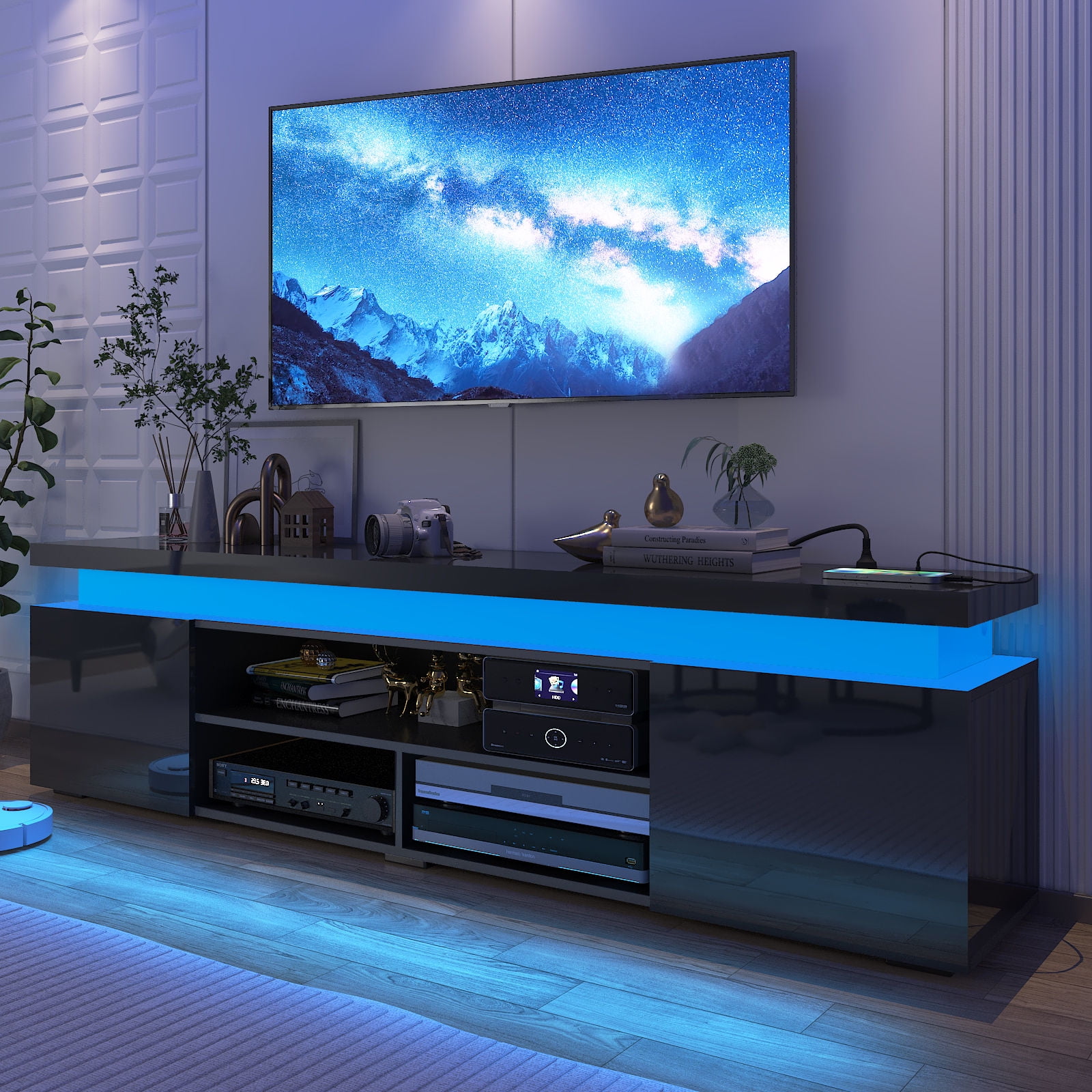 Chvans LED TV Stand for 85 in TVs with Power Outlet and RGB Lighting (Black, 75 in) 0xixa