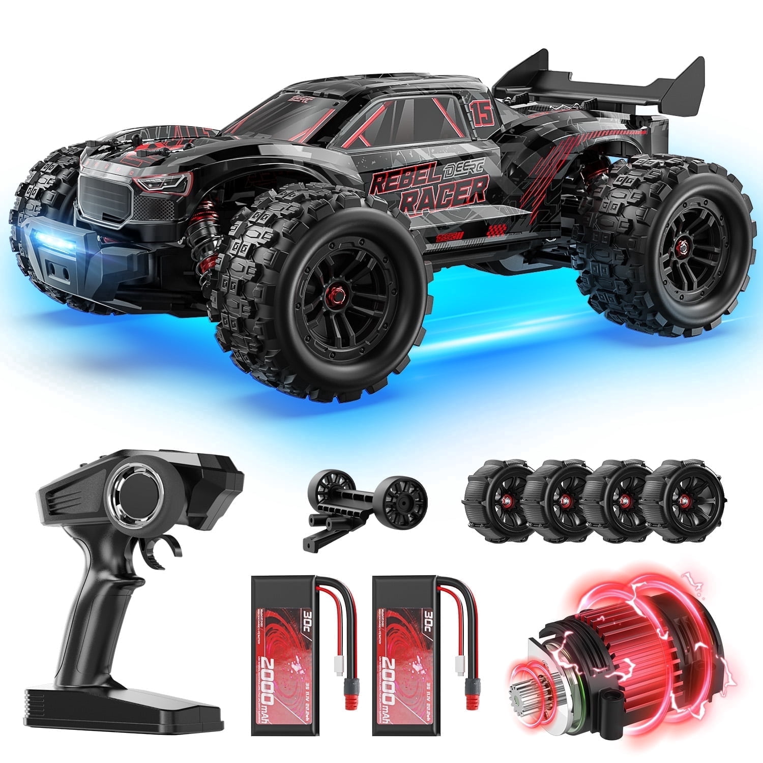 DEERC 1:14 Brushless RC Car 4WD Off-Road Truck, High-Speed Remote Control Truggy with LED Lights (Black, 1:14 Scale) h00ns