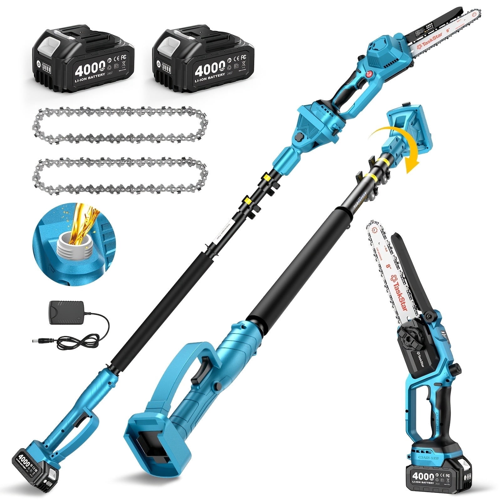 TaskStar 2-in-1 Cordless Pole Saw and Mini Chainsaw, 8 in Electric Handheld Pruning Tool (Blue, 15 ft Reach) j7rzr