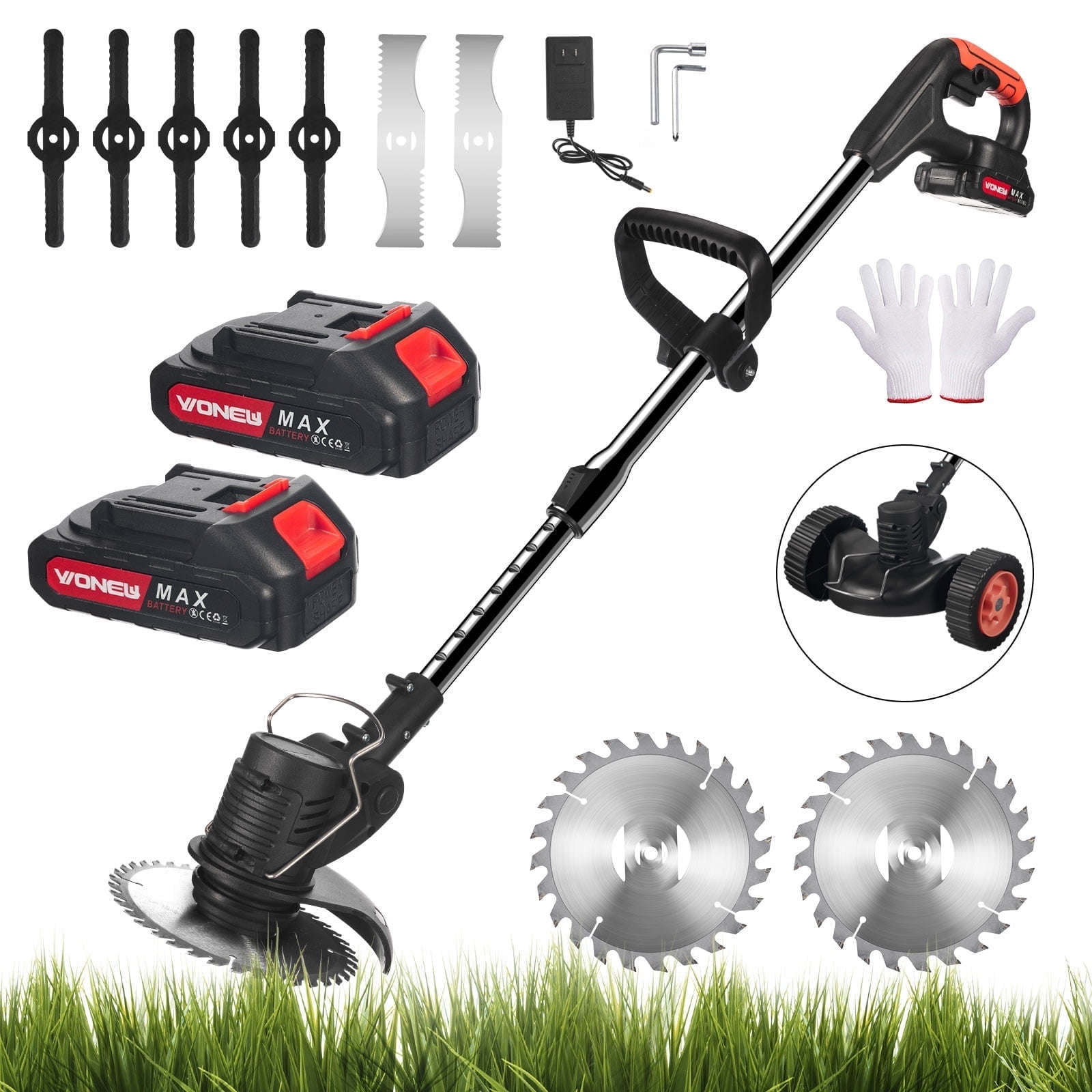 KingFurt Cordless Electric Weed Wacker, String Trimmer and Lawn Edger with 3 Blades and Wheels (Black, 21V) r0jdi