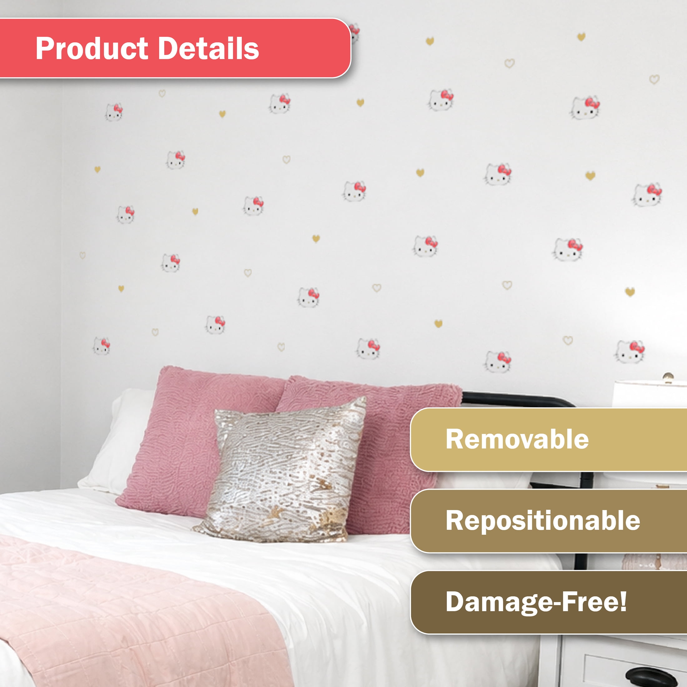 Wall Palz Hello Kitty Vinyl Wall Decals Peel and Stick Room Decor (Pink, 94 Count) lzjqu