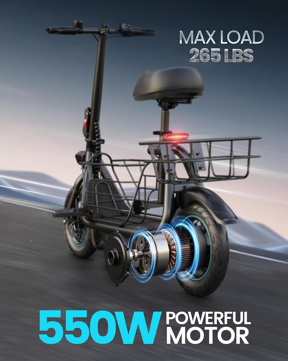 GYROOR Electric Scooter for Adults with Pet Basket, 550W Motor, 19 MPH, 20 Mile Range, Foldable Commuter E-Scooter with Seat (Black) 3xv89