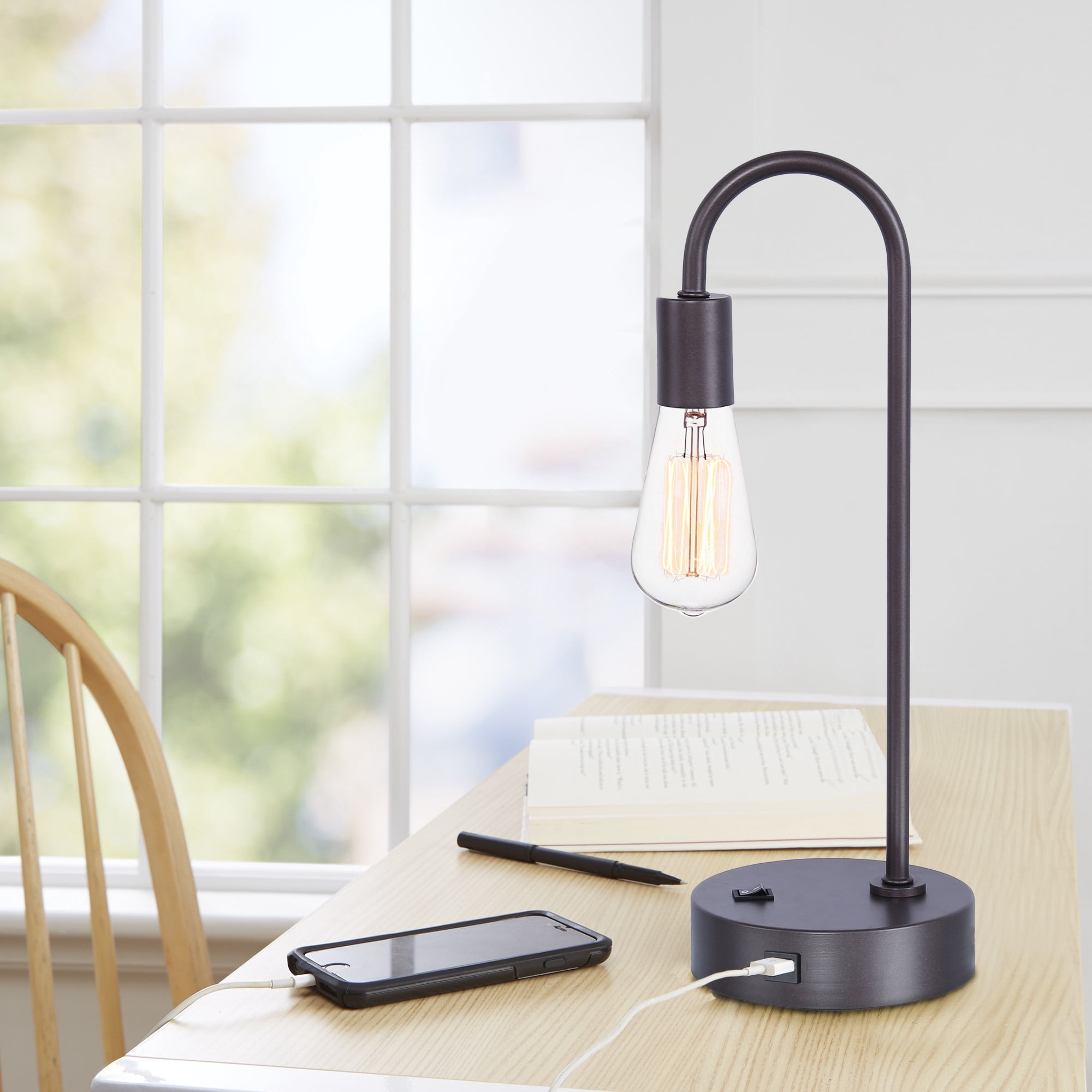 Grandview Gallery Minimalist Desk Lamp with USB Port and Exposed Bulb Design (Slate Gray, 17 in) 23vv0