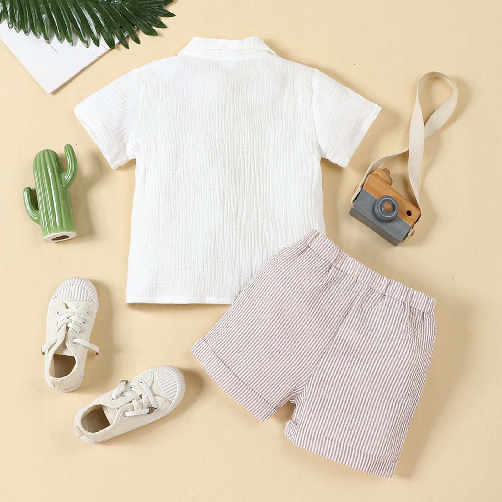 Wxolcjlv Boys Summer Linen Polo Shirt and Striped Shorts 2-Piece Set (Beige, 12M-7Y) tps3q