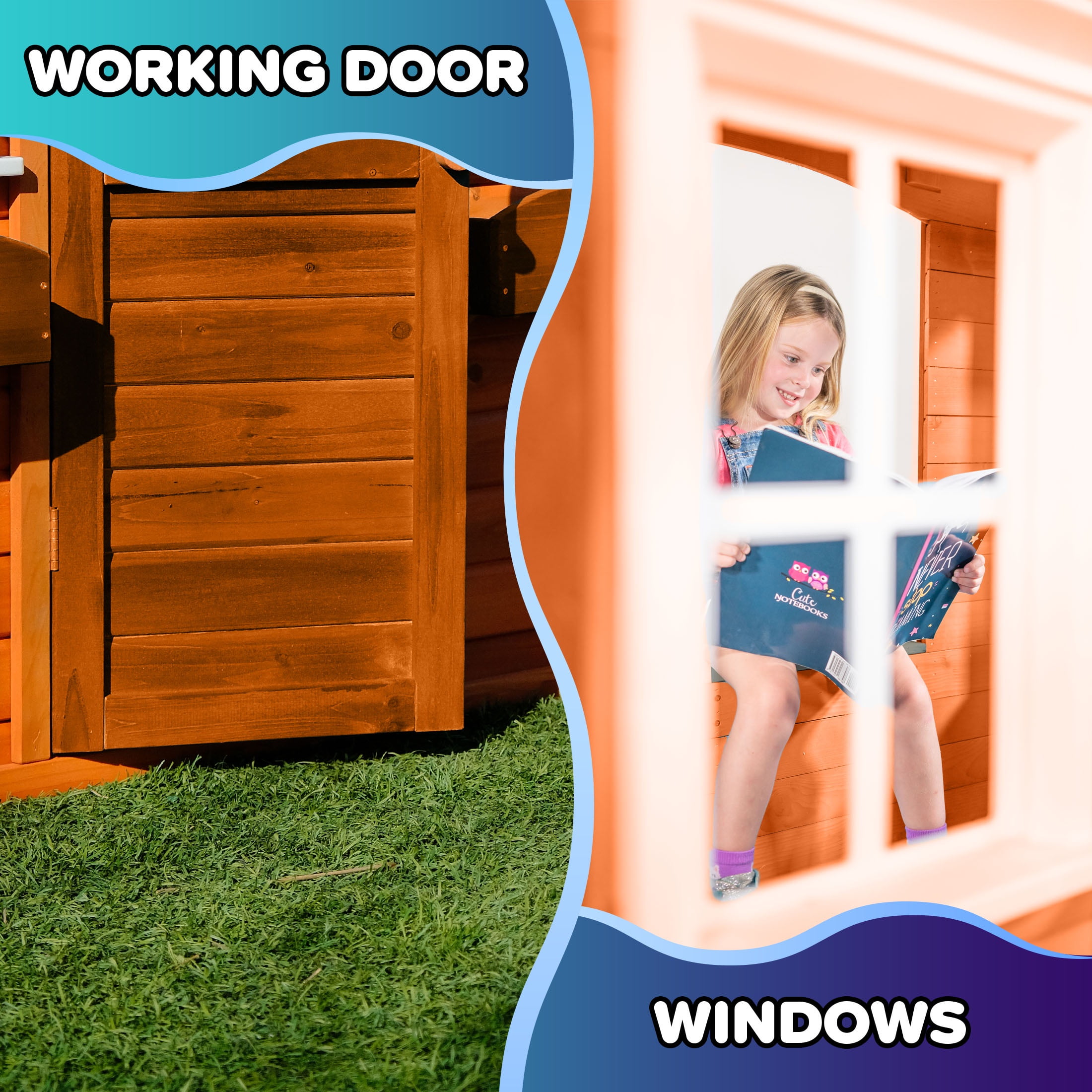Sportspower Wooden Swing and Playhouse Set with Bench (Brown, 99 in x 82.5 in x 65.5 in) dlabq