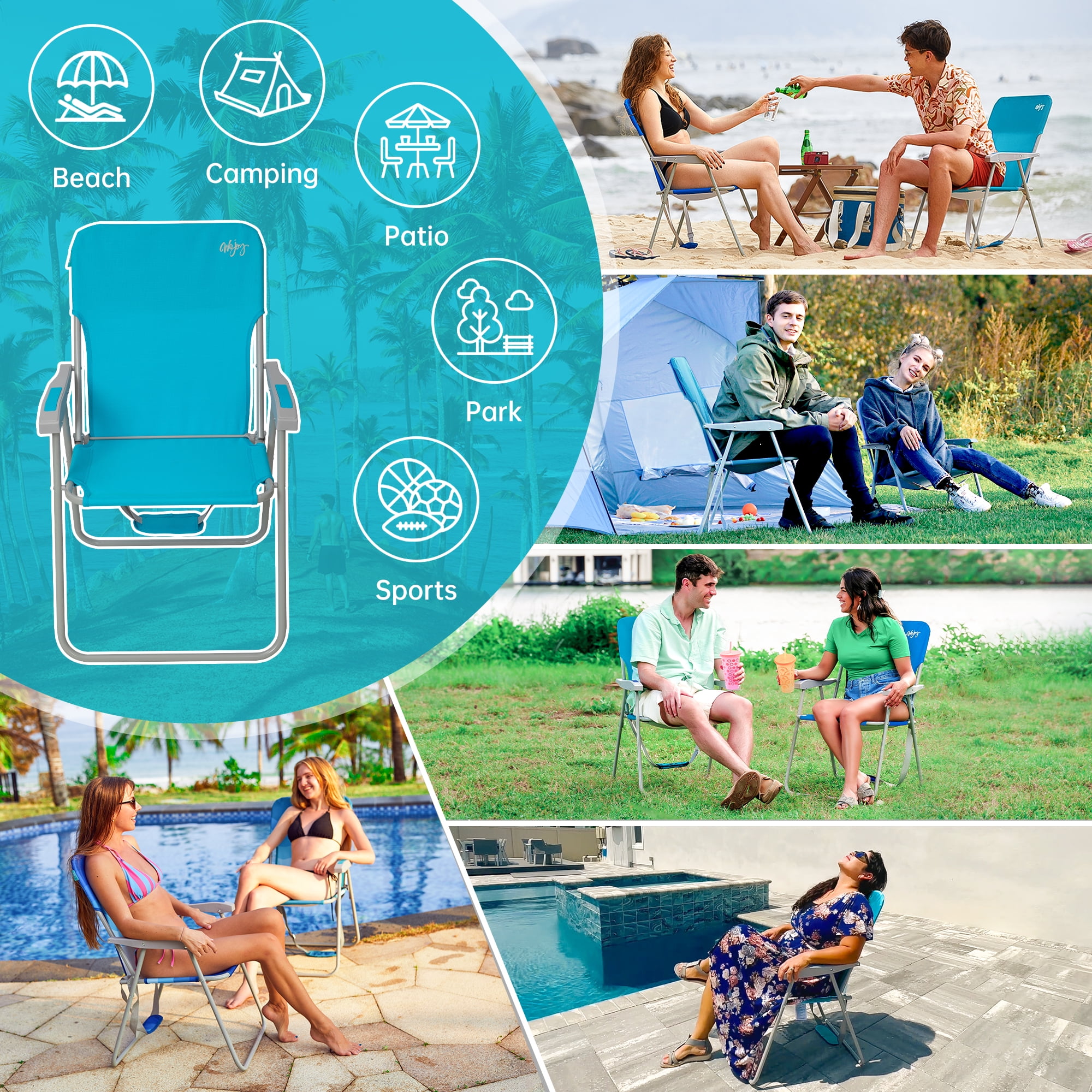 WEJOY Folding Backpack Beach Chair, High Back Outdoor Camping Seat with Storage Pocket (Blue, 300 lb Capacity) y9eff