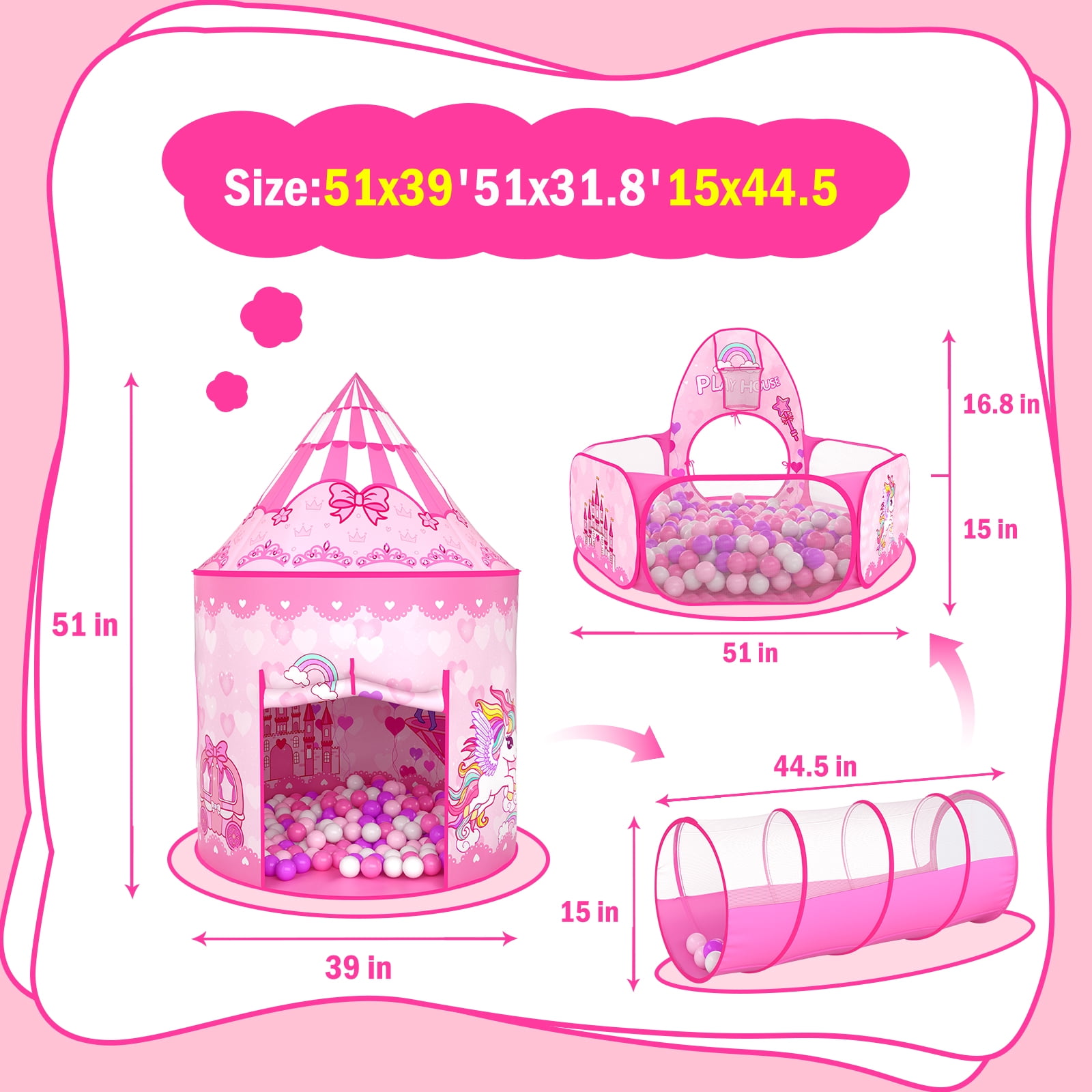Wilwolfer Kids Play Tent and Tunnel Set with Ball Pit for Indoor and Outdoor Fun (Pink, 3-Piece Set) yqad5