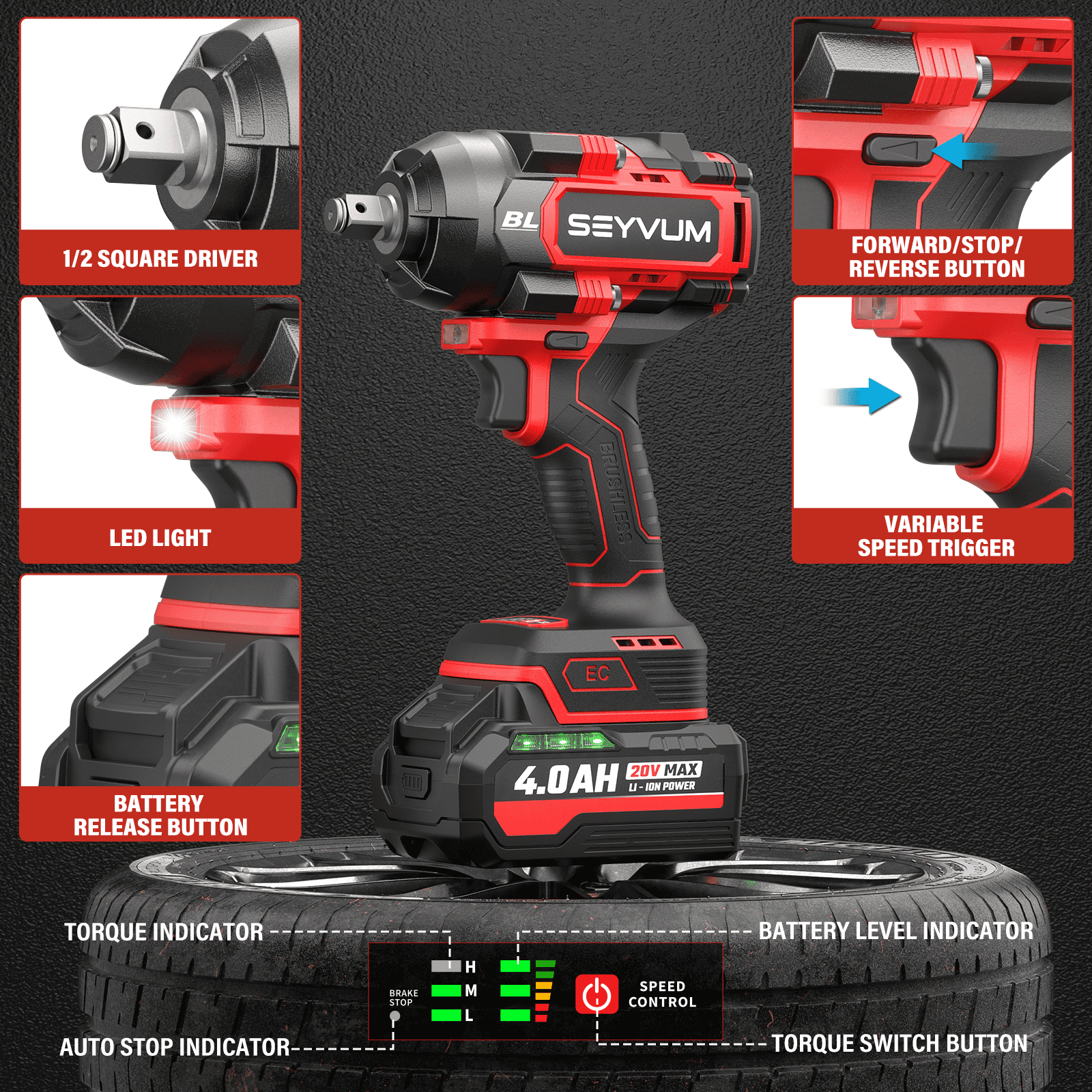 SEYVUM Cordless Impact Wrench 1/2 Inch, 900 ft-lb High Torque Brushless Power Driver (20V, 2x 4.0Ah Batteries, 3500 RPM) omyqq