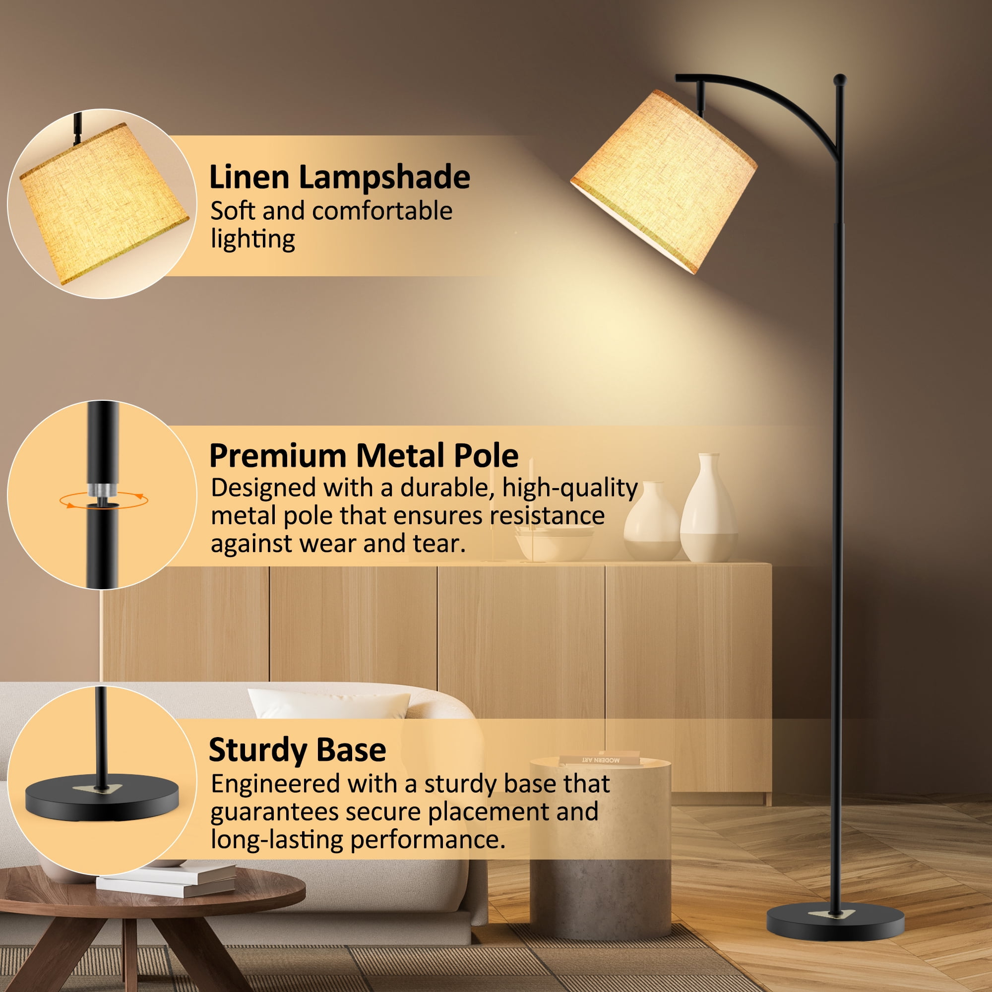 Jurulu Arc Floor Lamp, Modern Standing Lamp with Remote Control and Stepless Dimmable LED (Black, 9W) zoxhb