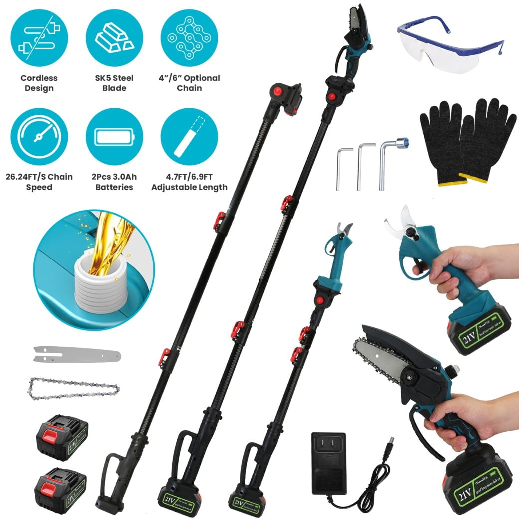 Triple Tree 4-in-1 Electric Pole Pruning Shears and Chainsaw Set (Blue, 5.5 ft) 7dhsg