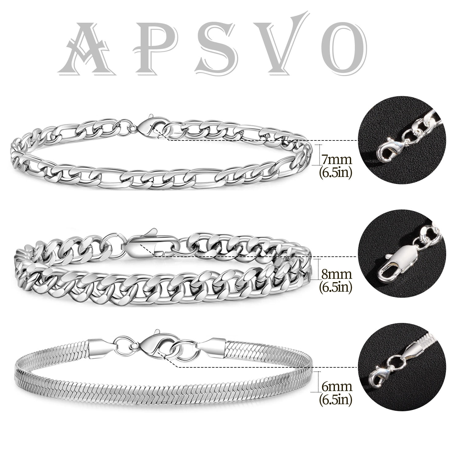 APSVO 3-Piece Sterling Silver Plated Chain Bracelet Set (Cuban, Figaro, Herringbone, Silver, 7 in) lrjaz