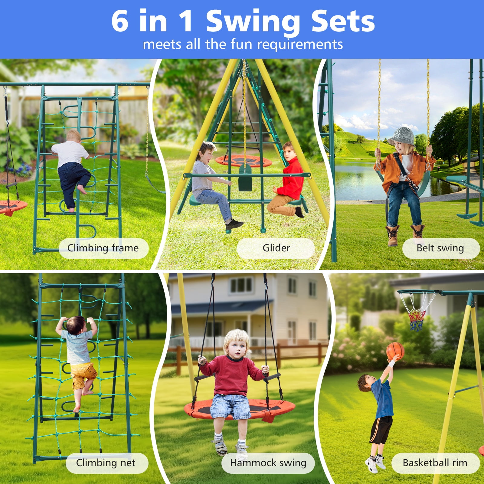 Segmart 6-in-1 Backyard Swing Set with Climbing Ladder, Saucer Swing, and Basketball Hoop (Yellow) qm1zf