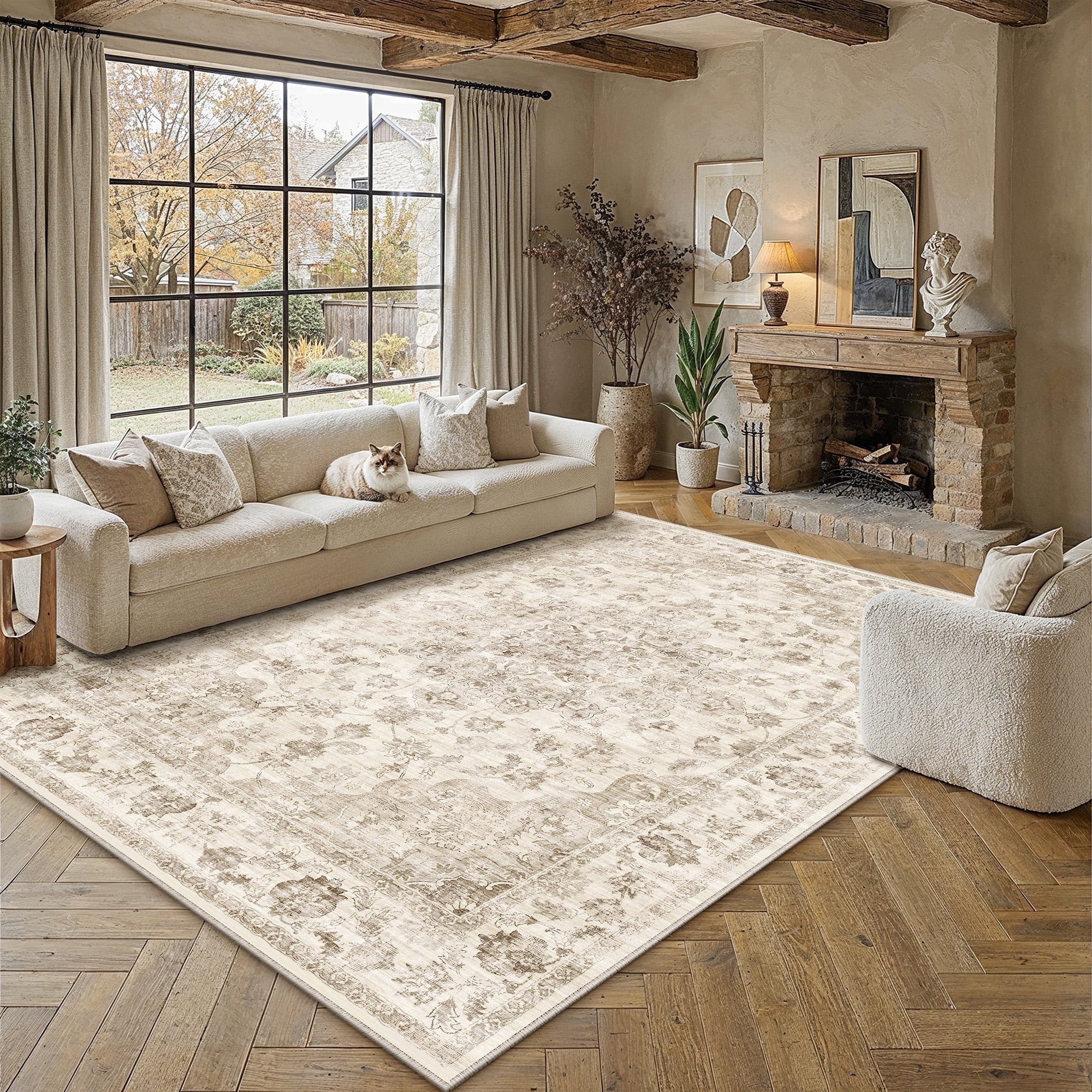 Berthmeer Vintage Oriental Area Rug, Machine Washable Non-Slip Distressed Carpet for Living Room and Bedroom (Beige, 8 ft x 10 ft) lln22
