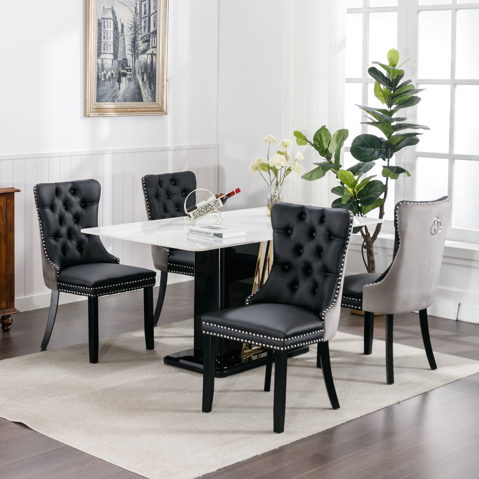 LegaHome Modern Upholstered Dining Chairs with Nailhead Trim and Solid Wood Legs (Gray and Black, Set of 4) veuq9