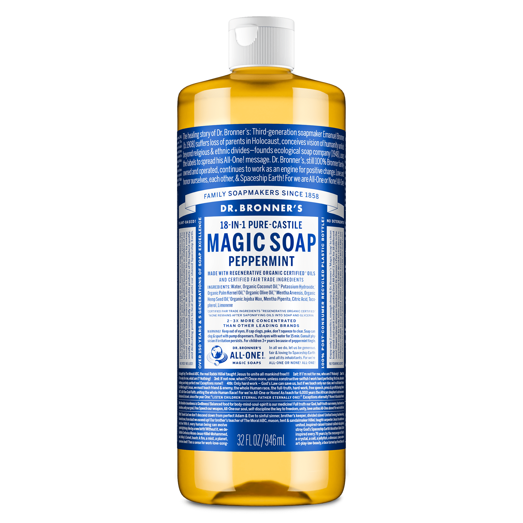 Dr. Bronner's Pure-Castile Liquid Soap, Peppermint Scent, Organic Face and Body Wash (32 oz) afdtg