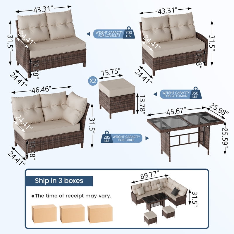 Amopatio 7-Piece Outdoor Patio Furniture Set, All-Weather Rattan Sectional Sofa with Dining Table and Ottomans (Khaki, 7-Piece Set) e1s41