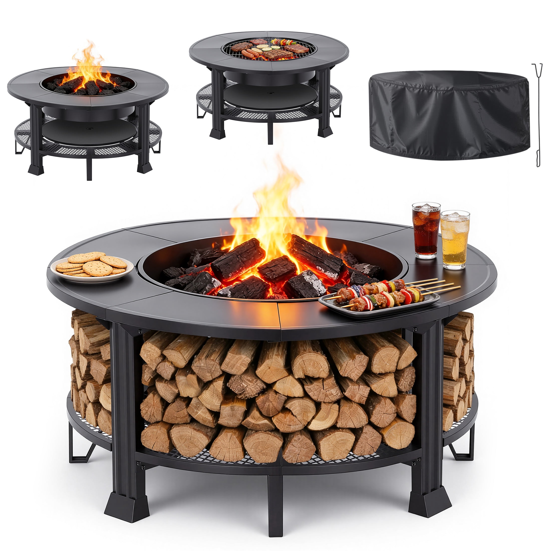 Segmart 38 in Round Wood Burning Fire Pit Table with Grill, Poker, and Waterproof Cover (Black, 38 in) ra8m1