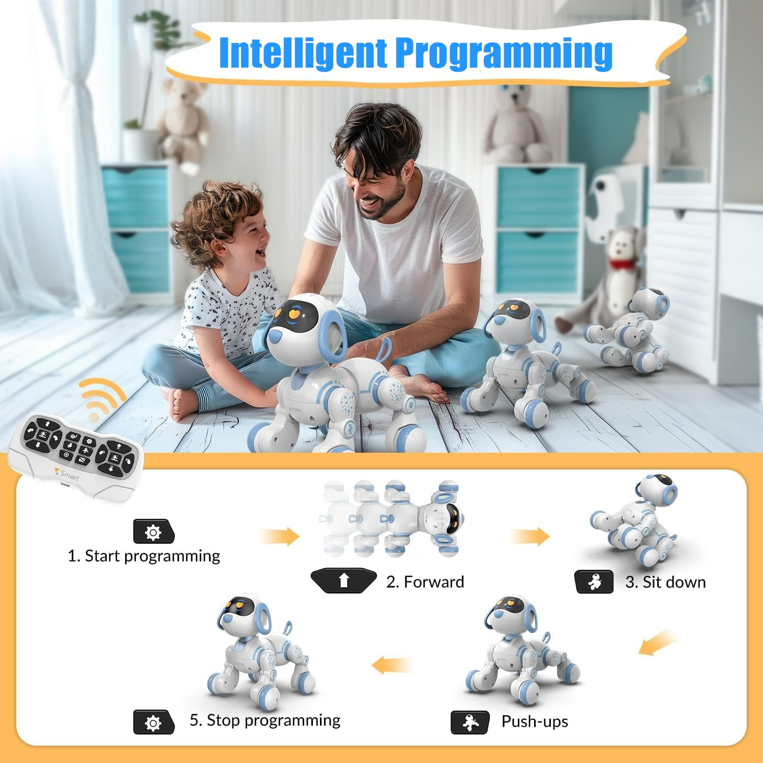 KIVDIT Programmable Remote Control Robot Dog, Interactive RC Toy with Singing and Dancing (Blue, 1 Pack) mqvfv