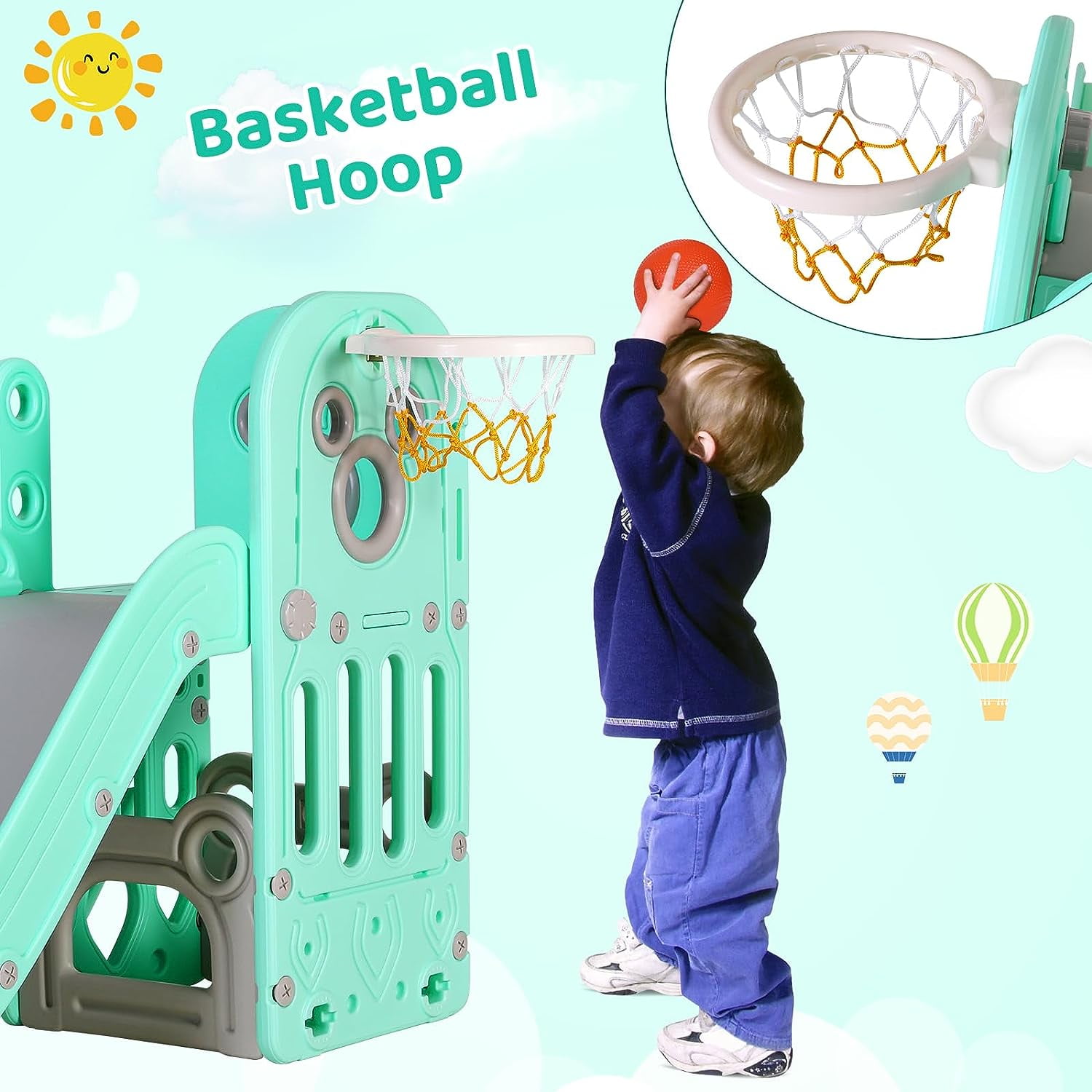 LAZY BUDDY 4-in-1 Toddler Slide and Climber Playset with Basketball Hoop (Green) abxyq