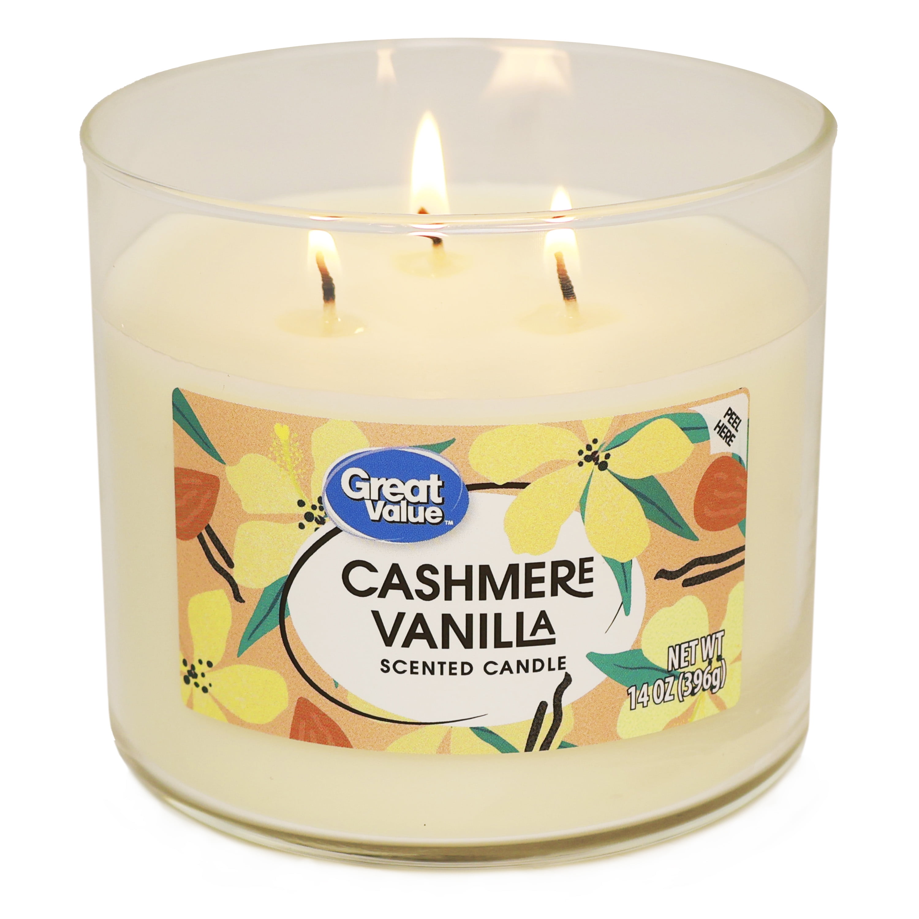 Great Value Cashmere Vanilla Scented Candle, 3-Wick Soy-Blend Wax, Long-Lasting Fragrance (White, 4 Pack, 14.5 oz) 03aue