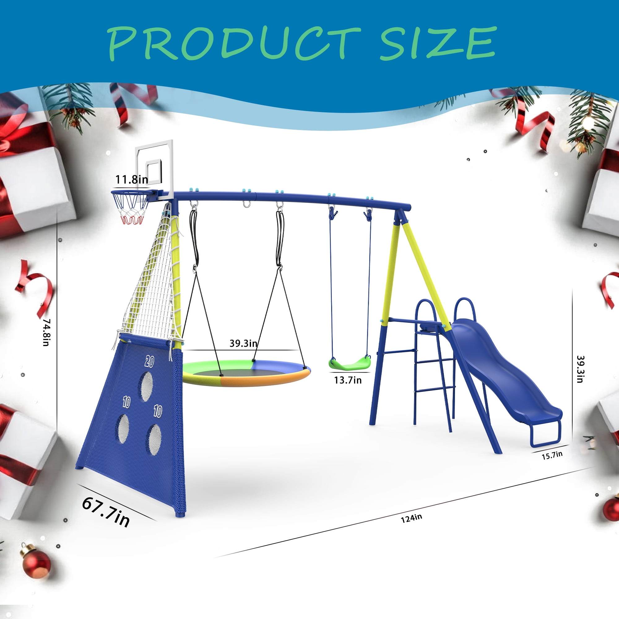 Shengchao Trade Metal Kids Swing Set, Heavy-Duty Outdoor A-Frame Playground with 2 Swings, Saucer Swing, and Sports Hoop (Blue, 75 in H x 67.7 in L x 136 in W) 4jmwx