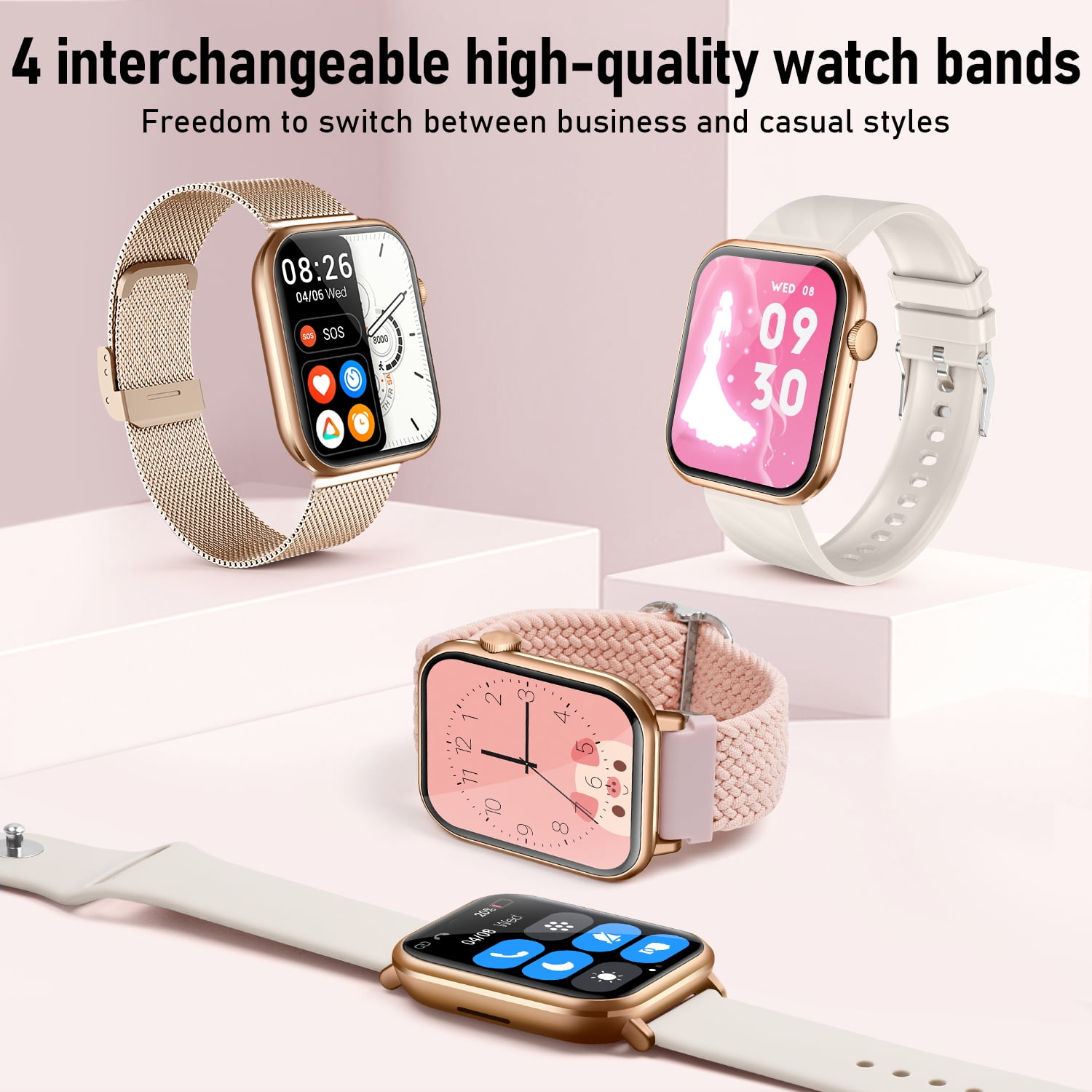 Visentor Smart Watch Fitness Tracker with Bluetooth Calling and 4 Interchangeable Bands (Gold, 1.96 in) r3ihs