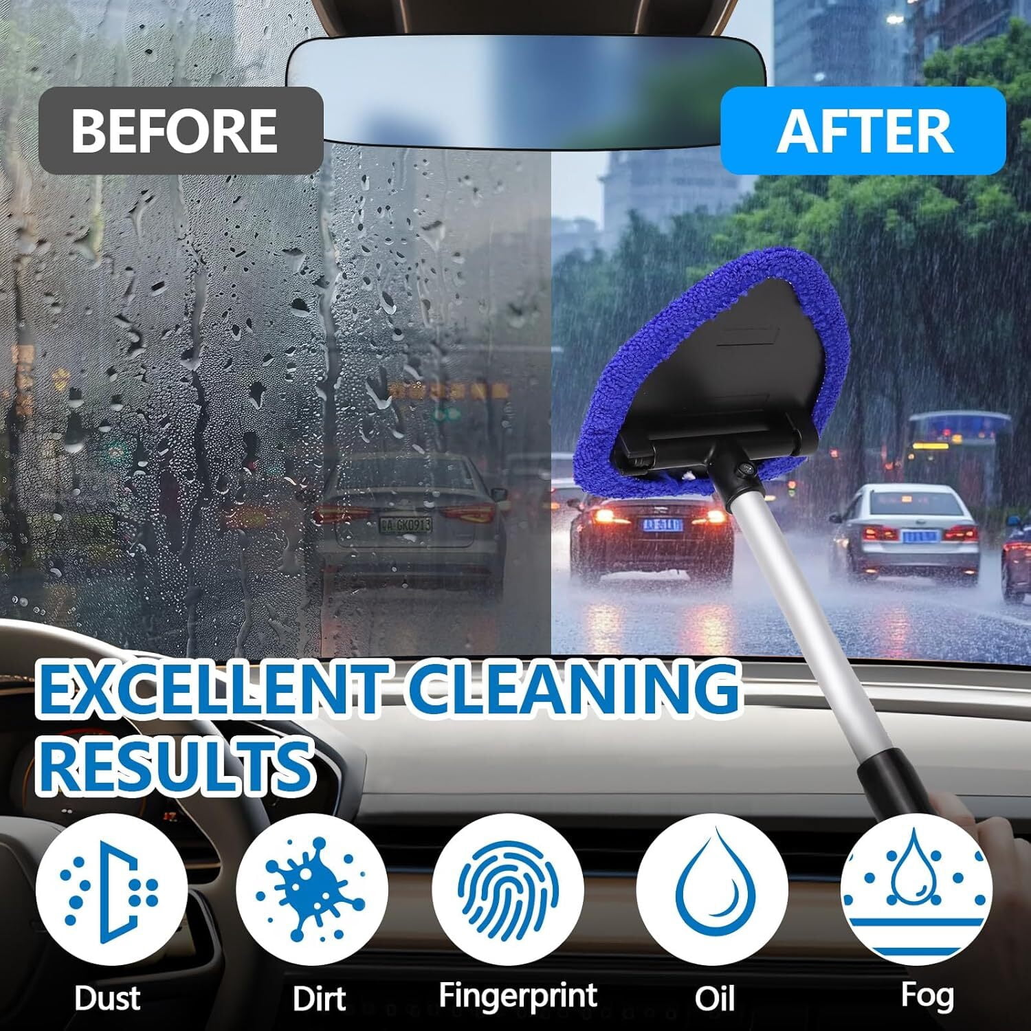 STORGENER Windshield Cleaning Tool with Extendable Handle and 4 Microfiber Pads (Blue, 1 Pack) l06uv