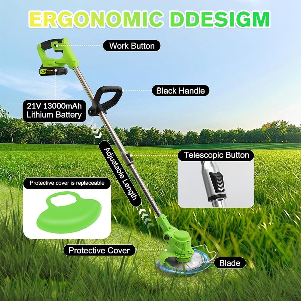 MDHAND 21V Cordless Electric Grass Trimmer, Lightweight Weed Eater with 3 Blades, Adjustable Shaft (Green, 3.28 lb) 0gmie