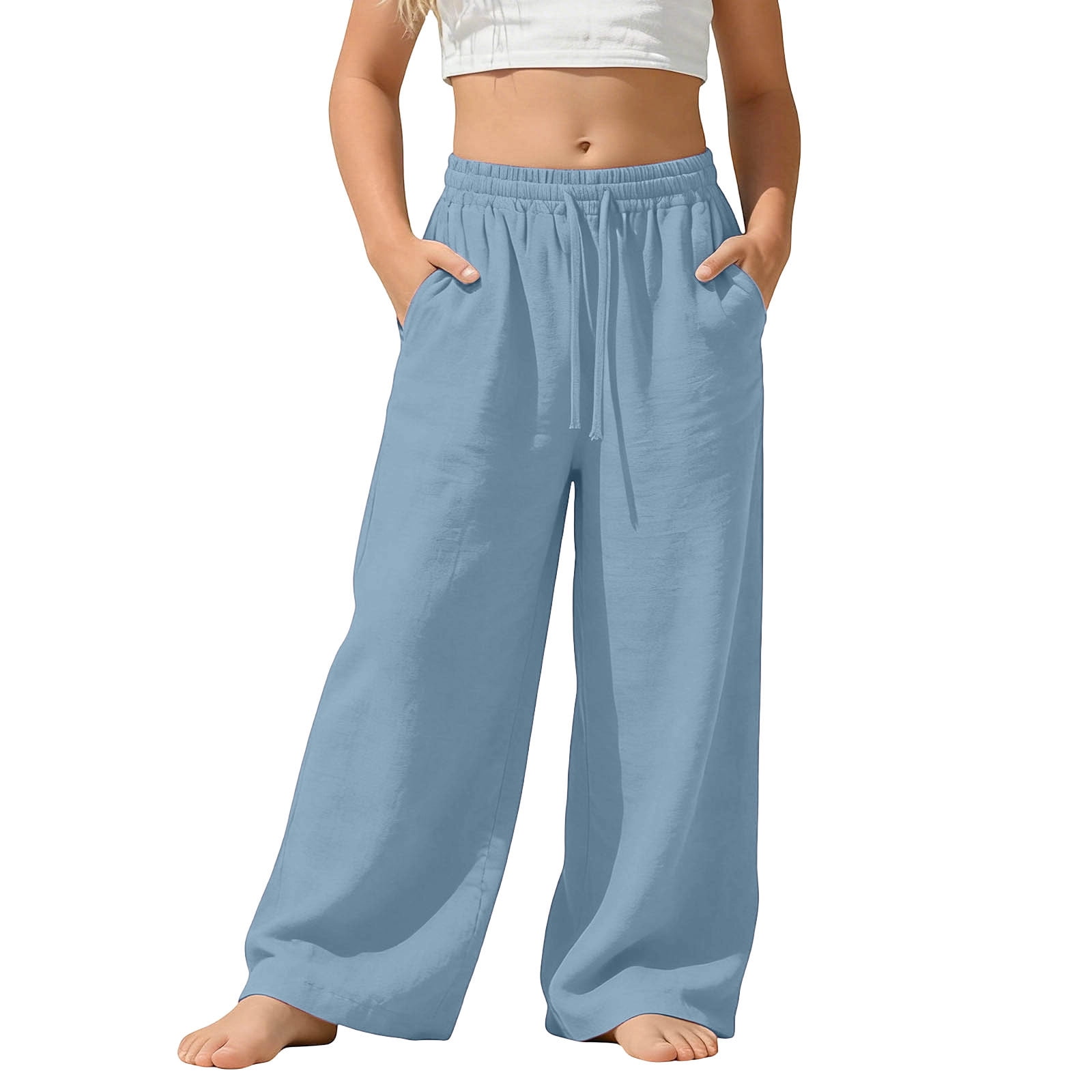 Atogsazn Kids Girls Wide Leg Sweatpants Casual Jogger Pants with Pockets (Light Blue, 5-6 Years) jpw1f