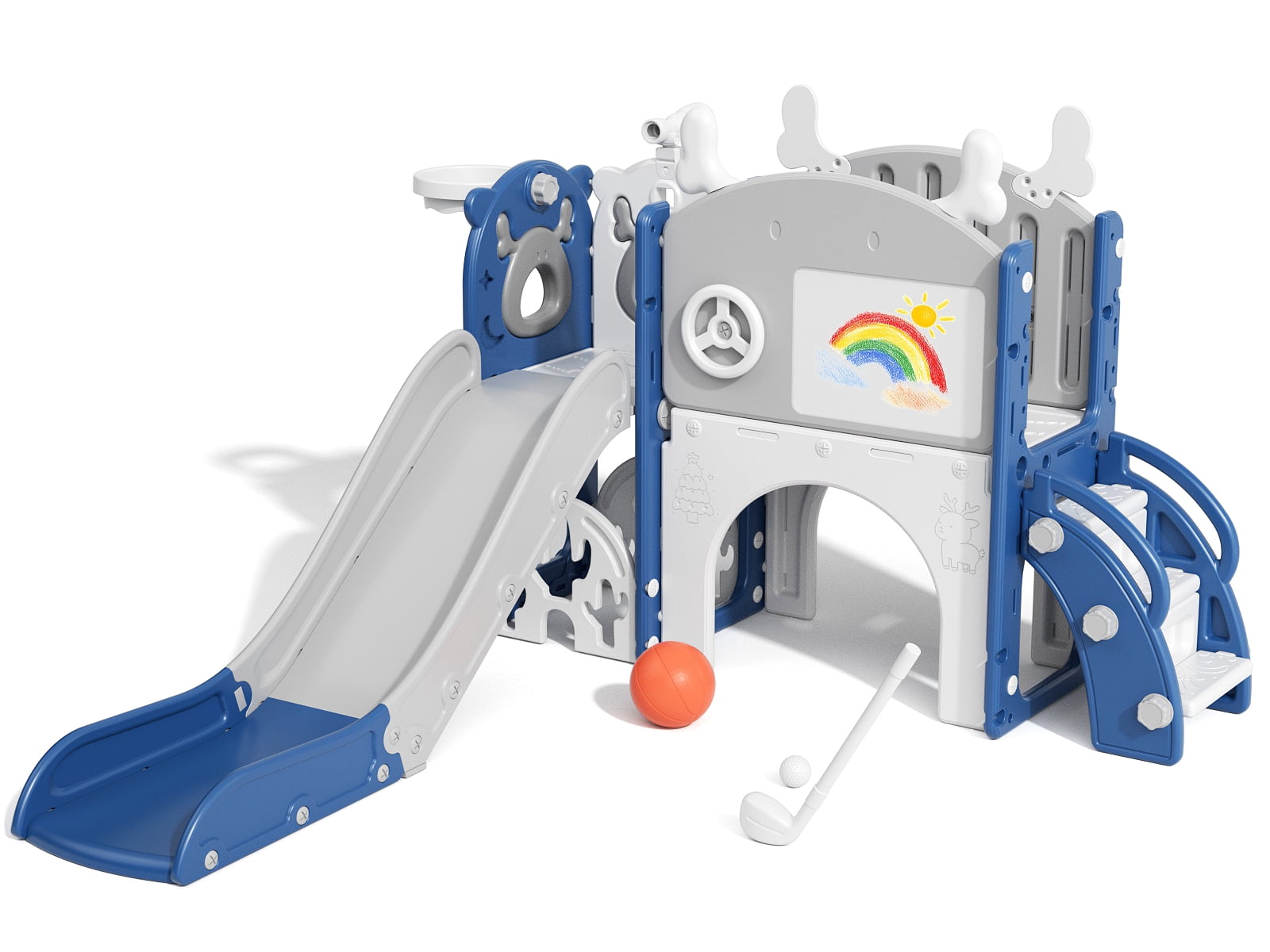 Korimefa 11-in-1 Toddler Climber and Slide Playset with Basketball Hoop and Golf Set (Blue, 62.6 x 62.6 x 39 in) ehwmm