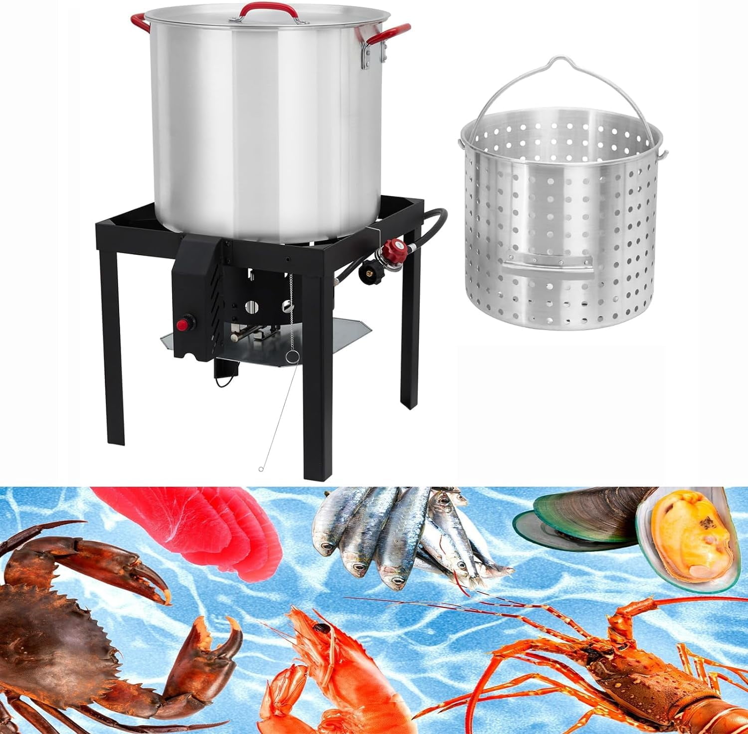 Kitsin Aluminum Turkey Deep Fryer and Seafood Boil Pot Set with Strainer and 110,000 BTU Propane Burner (Silver, 100 qt) 9xc65