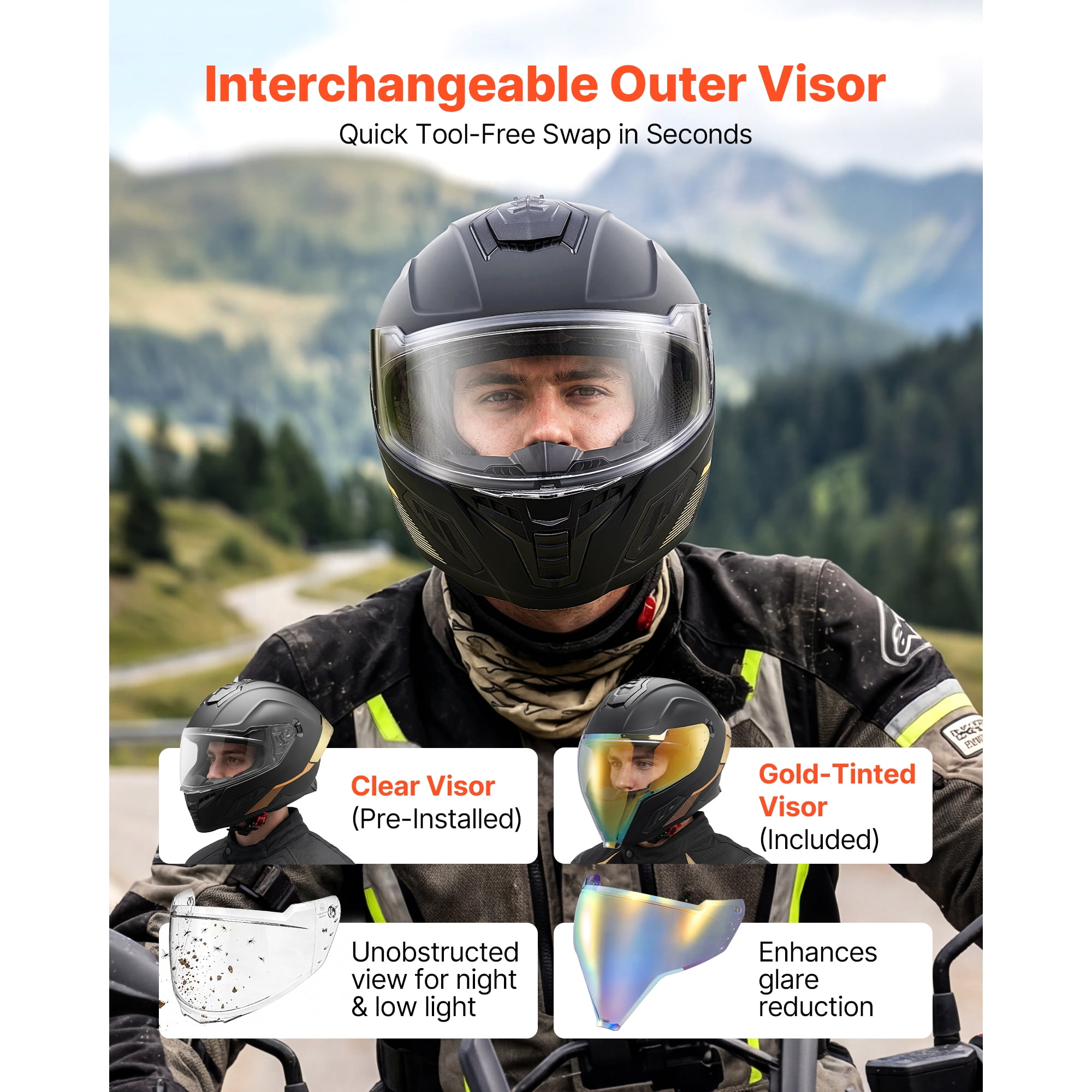 KFFKFF Full Face Motorcycle Helmet with Dual Visor, DOT & ECE Certified Street and Dirt Bike Gear (Black, Large) rta0n