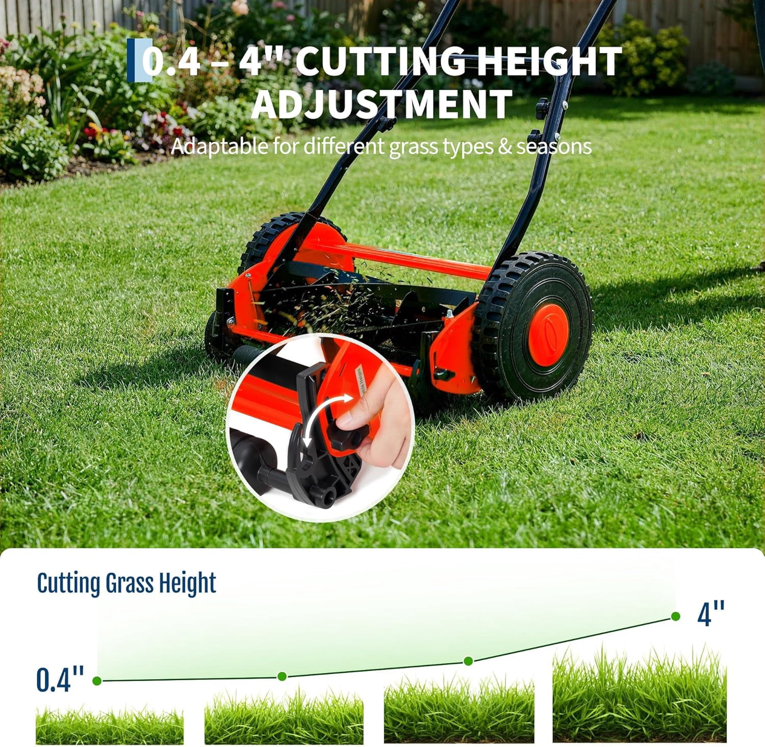 Yartaka 14in Push Reel Lawn Mower, 5-Blade Manual Walk-Behind Mower for Small Yards (Red, 14in) nmy5p
