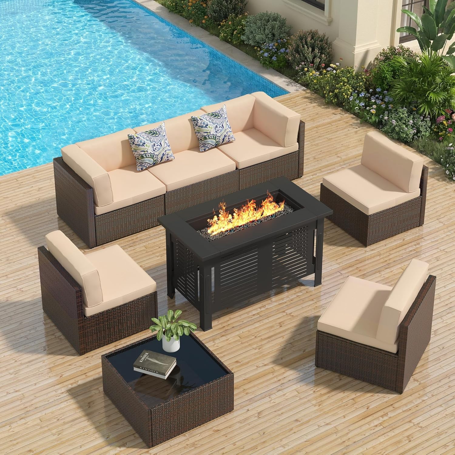 YODOLLA 7-Piece Outdoor Patio Furniture Set with 43 in Fire Pit Table, Rattan Wicker Sectional Sofa Conversation Set (Brown and Beige, 110 in x 54.75 in) 7a43n