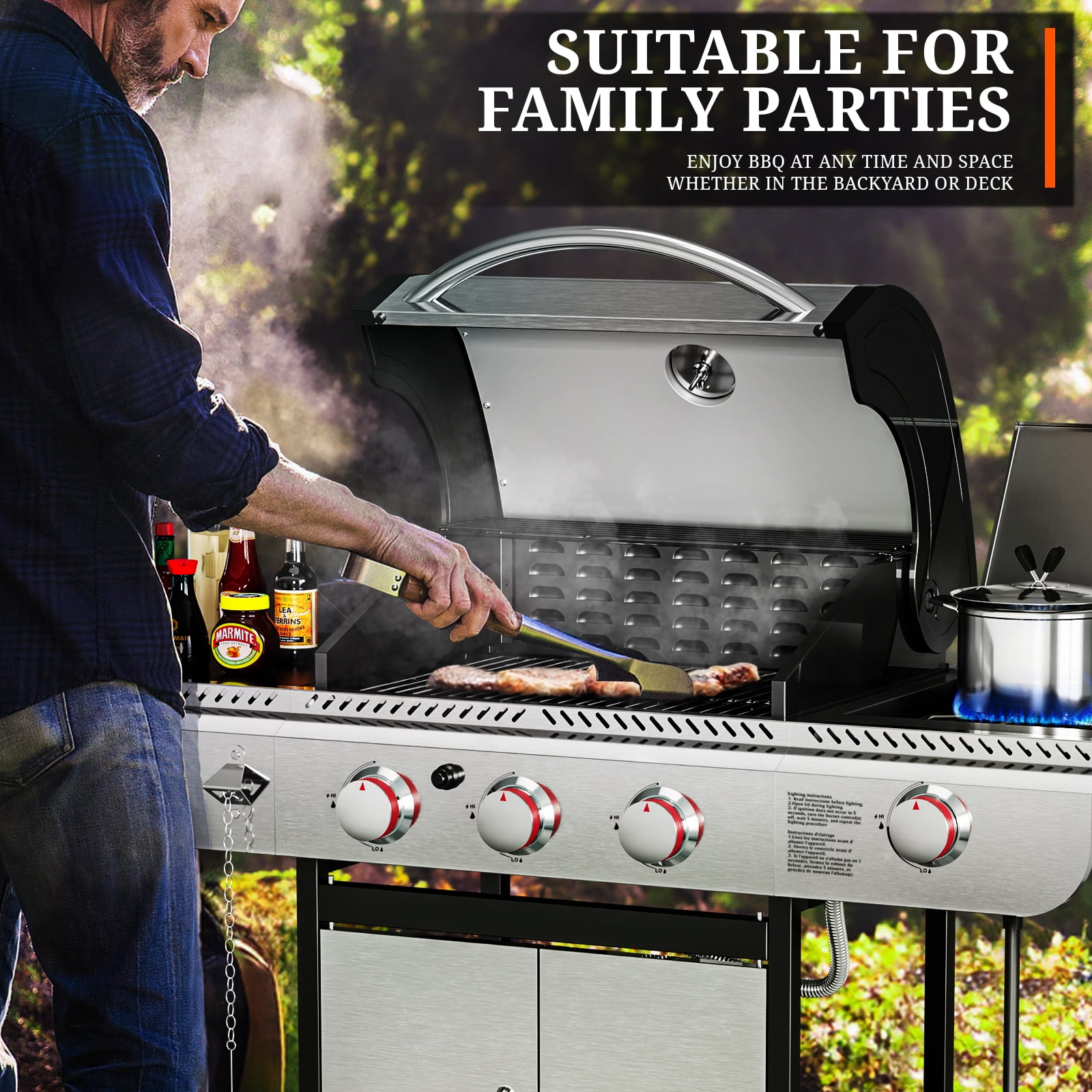 FREE VILLAGE 3-Burner Propane Gas Grill with Side Burner (34,000 BTU, Stainless Steel) ht3wf