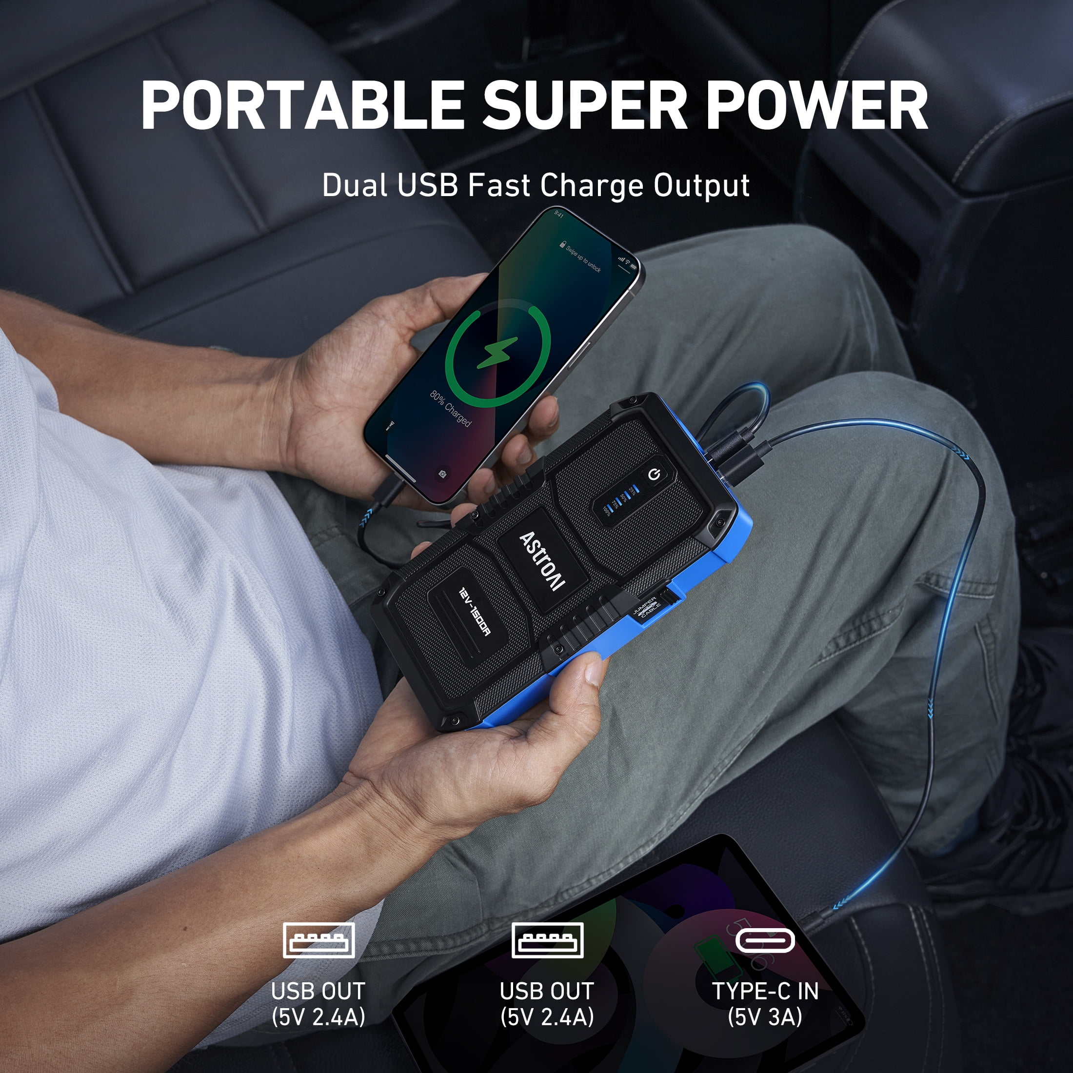 AstroAI 1500A Portable Car Jump Starter Battery Booster (Blue, 12V) nqxyq